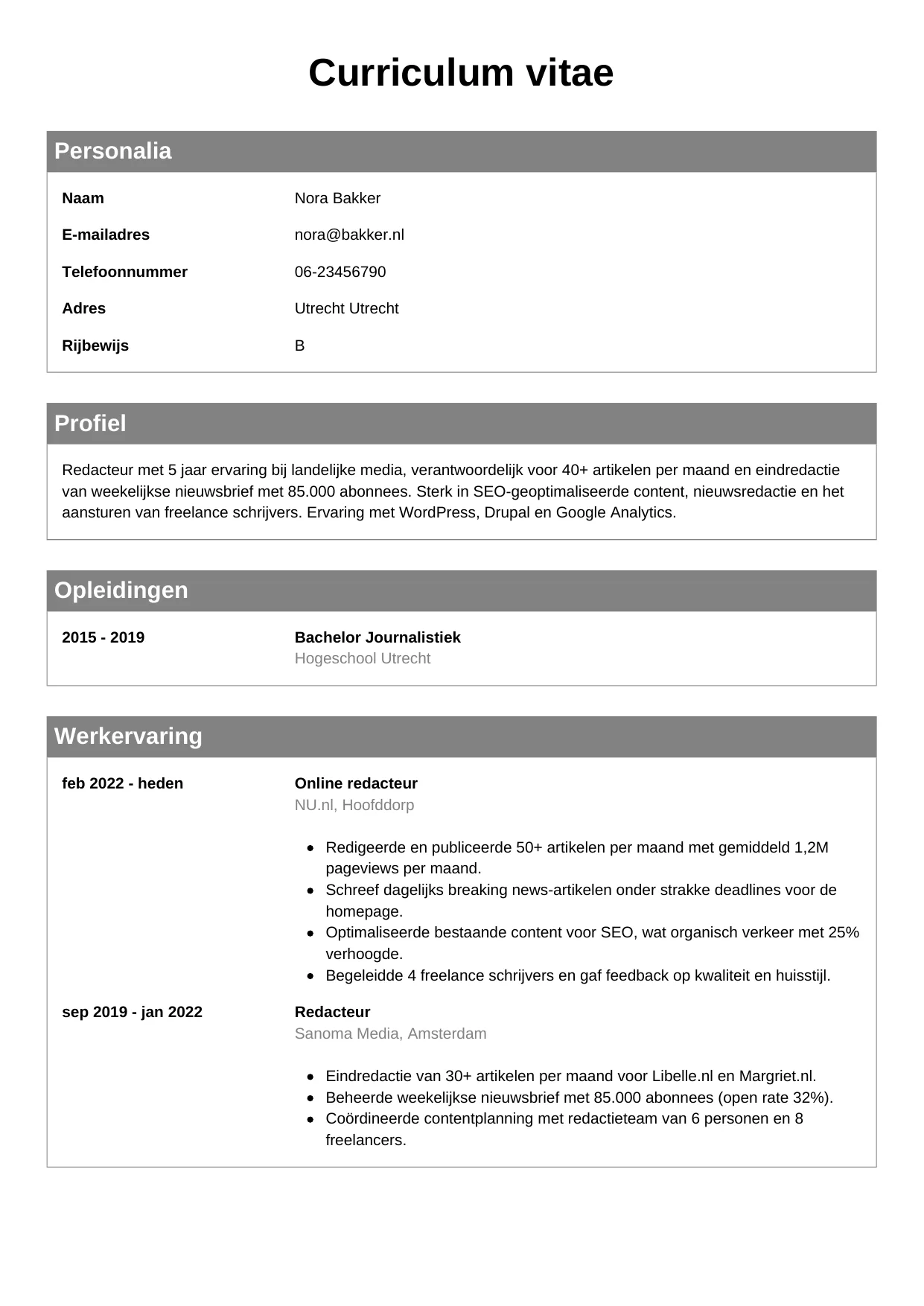 Voorbeeld CV voor redacteur in template Klassiek. CV Klassiek voor redacteur