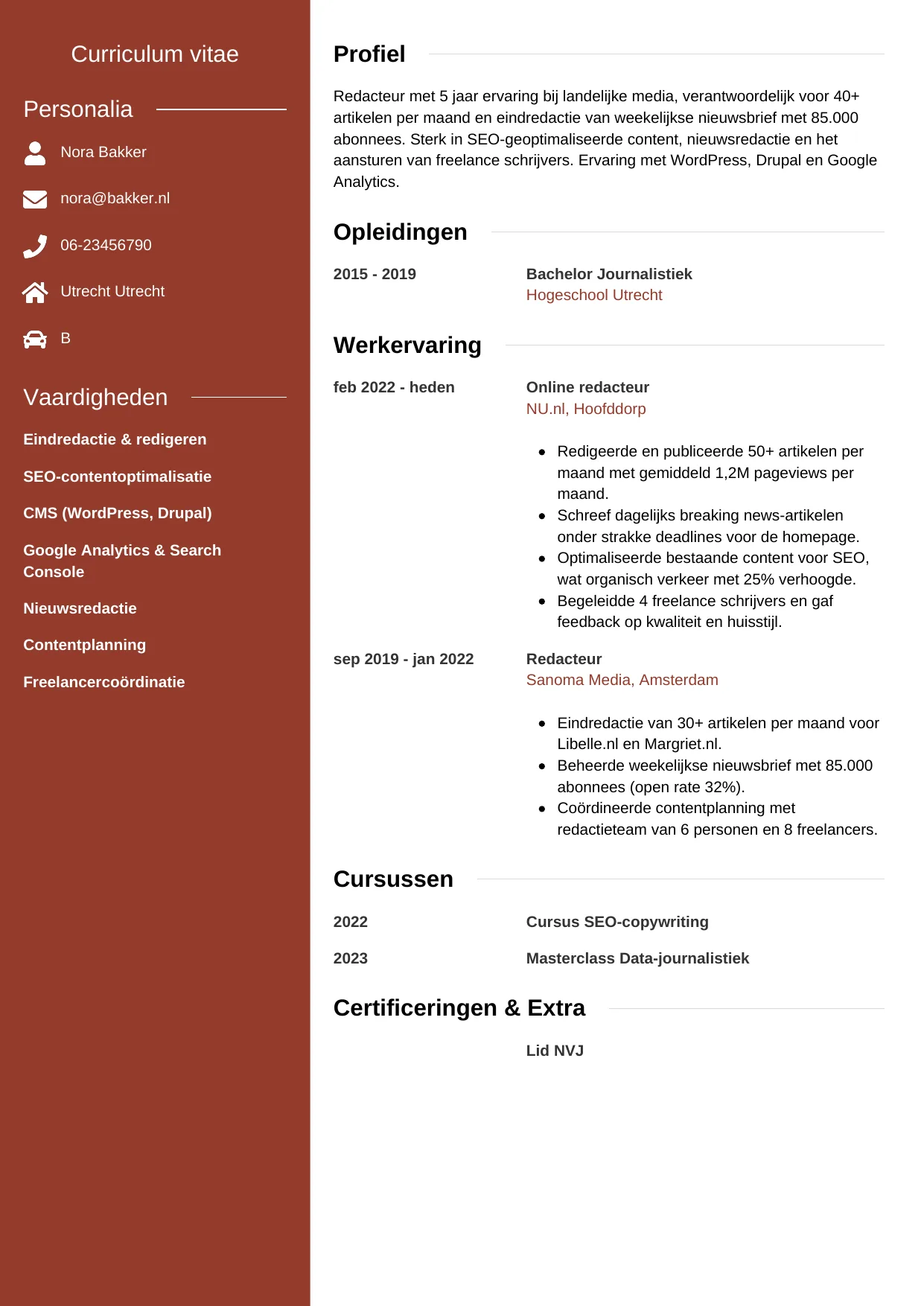 Voorbeeld CV voor redacteur in template Modern. CV Modern voor redacteur