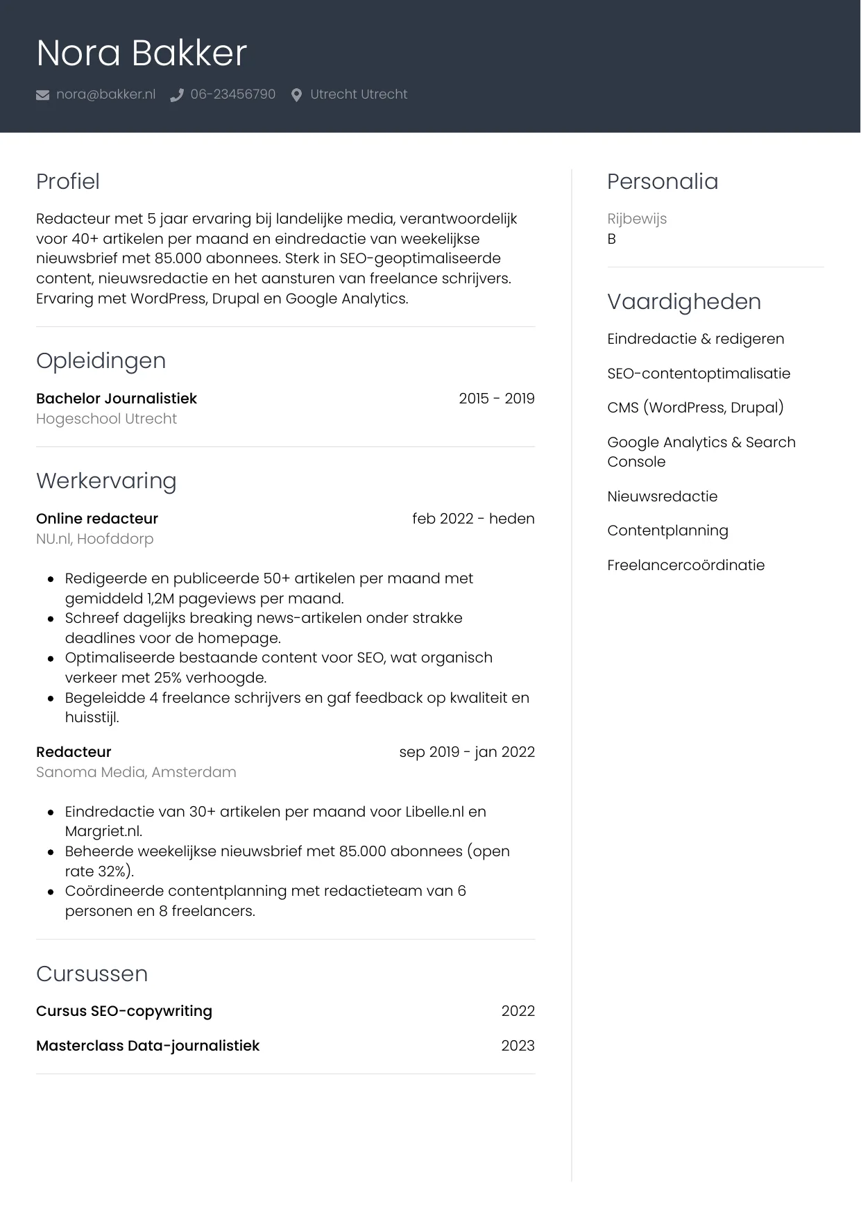 Voorbeeld CV voor redacteur in template Professioneel. CV Professioneel voor redacteur
