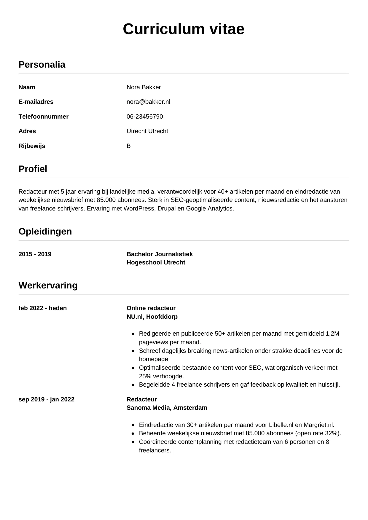 Voorbeeld CV voor redacteur in template Simpel. CV Simpel voor redacteur