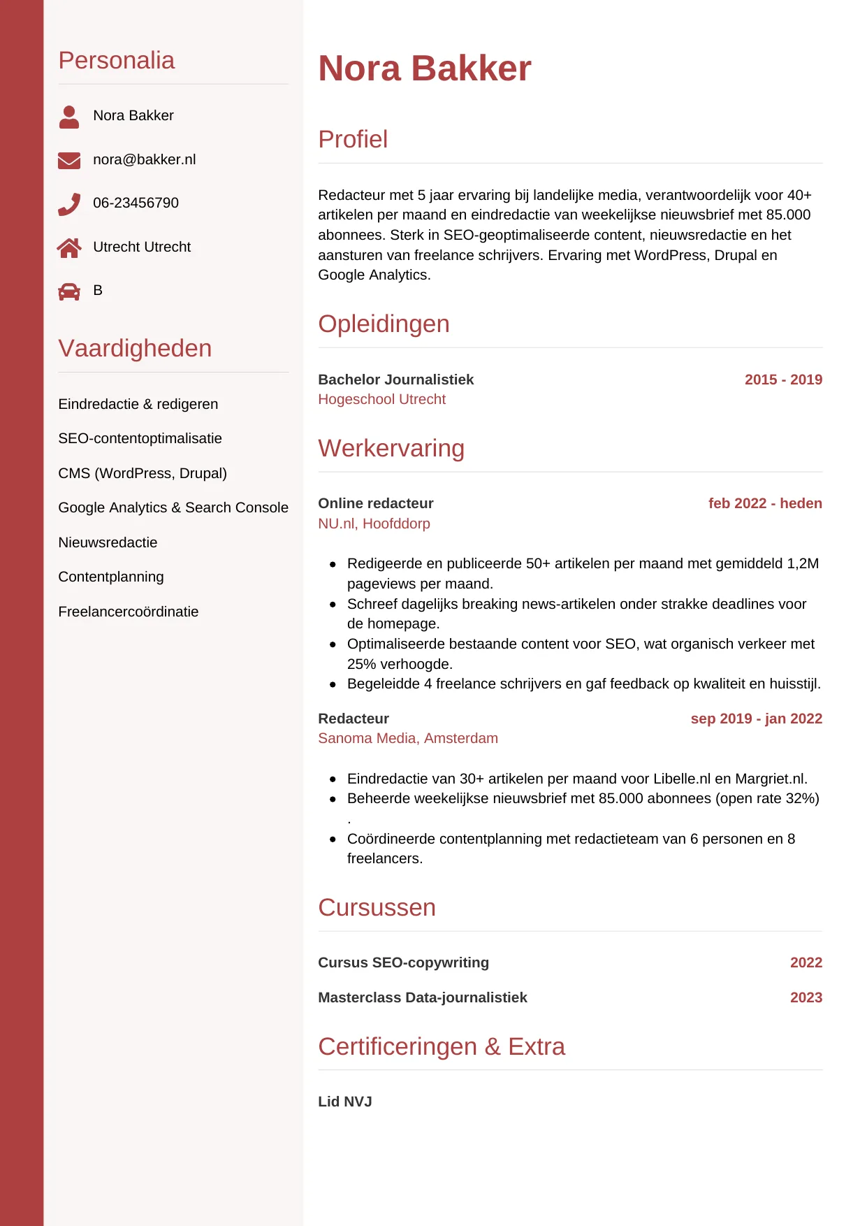 Voorbeeld CV voor redacteur in template Verticaal. CV Verticaal voor redacteur