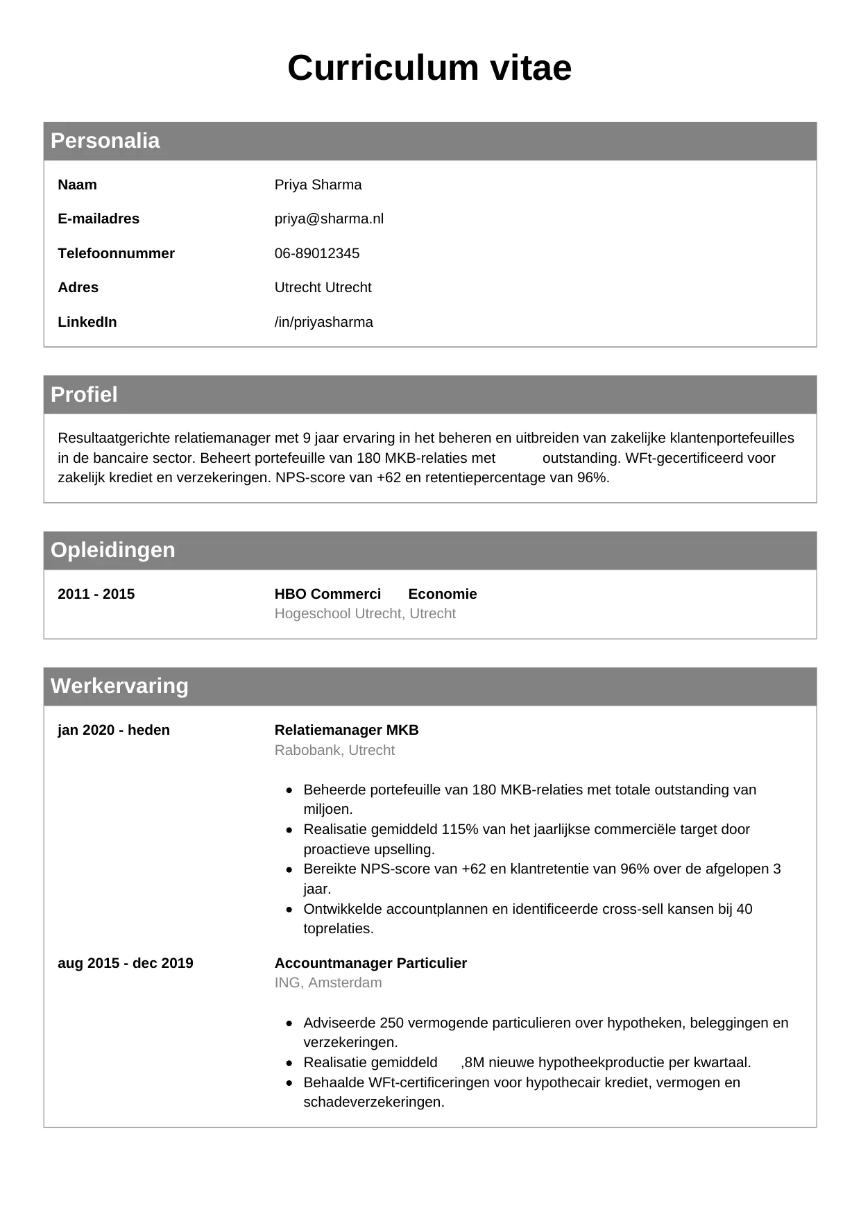 CV Klassiek voor relatiemanager
