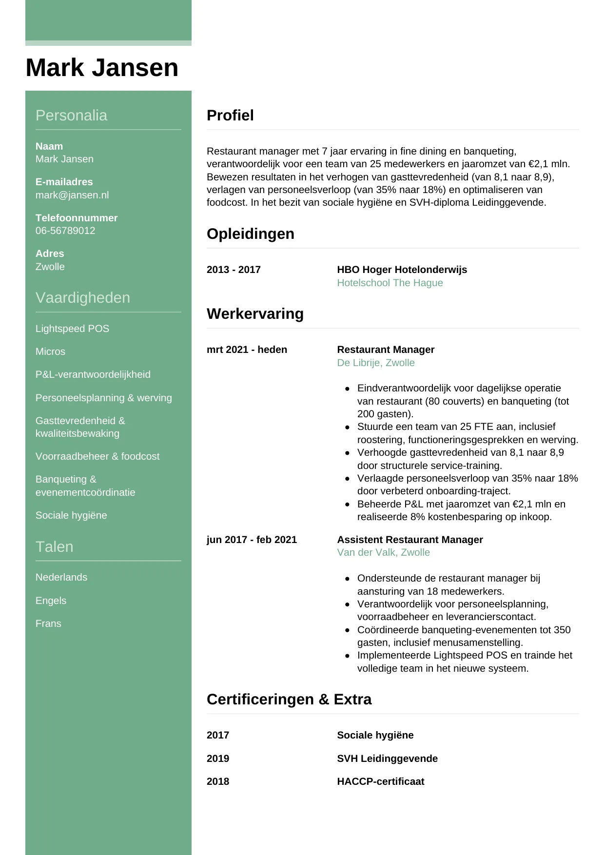 CV Casual voor restaurant manager