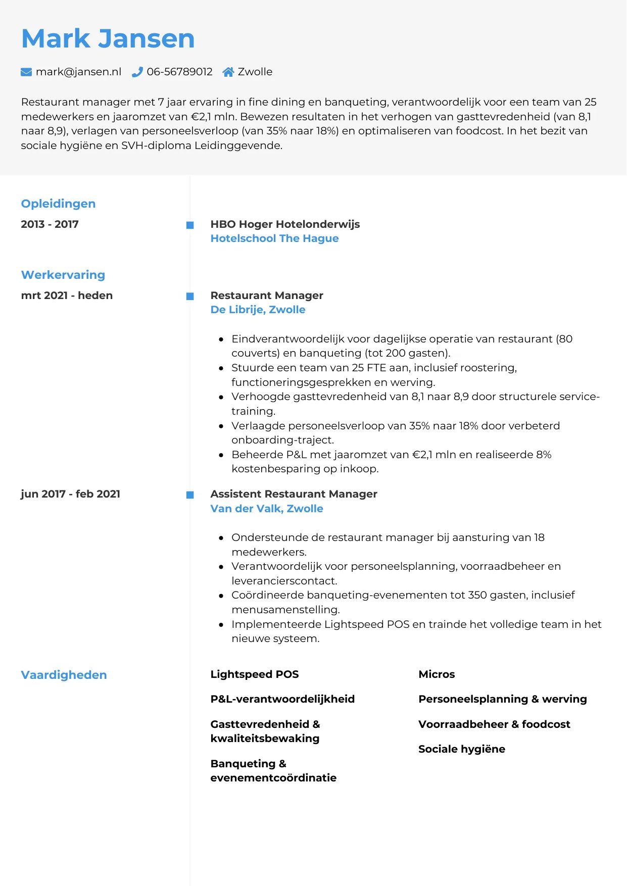 CV Chrono voor restaurant manager