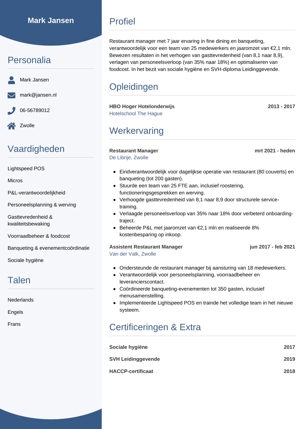 CV Circulair voor restaurant manager