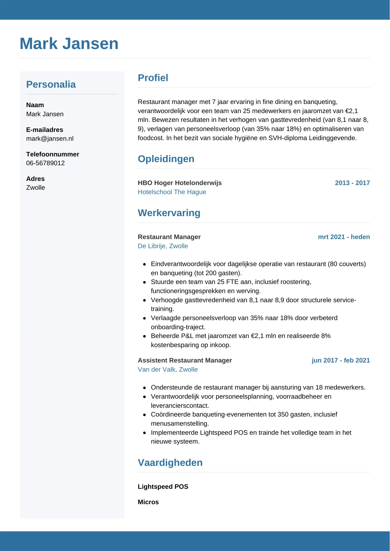 CV Horizontaal voor restaurant manager