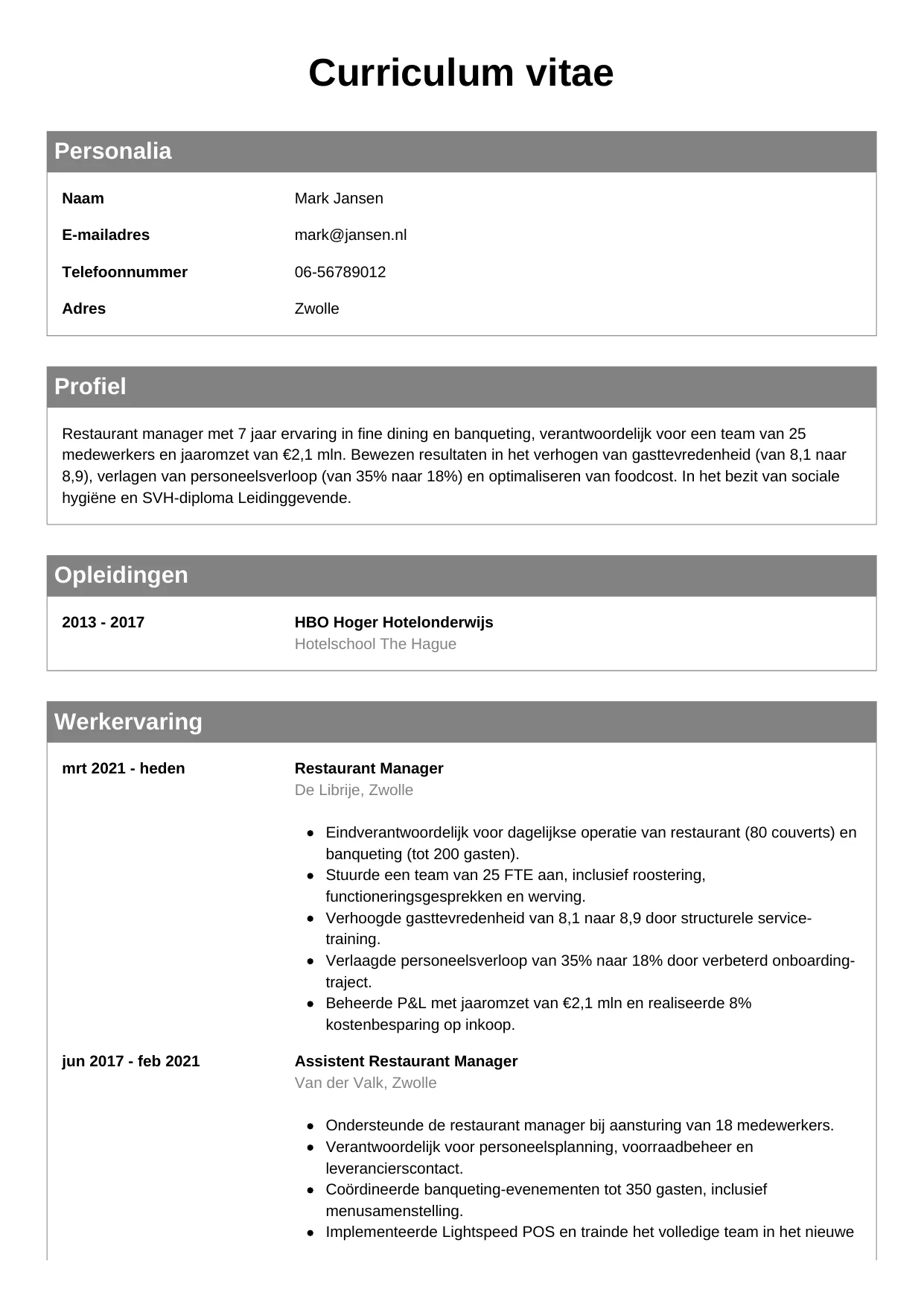 CV Klassiek voor restaurant manager