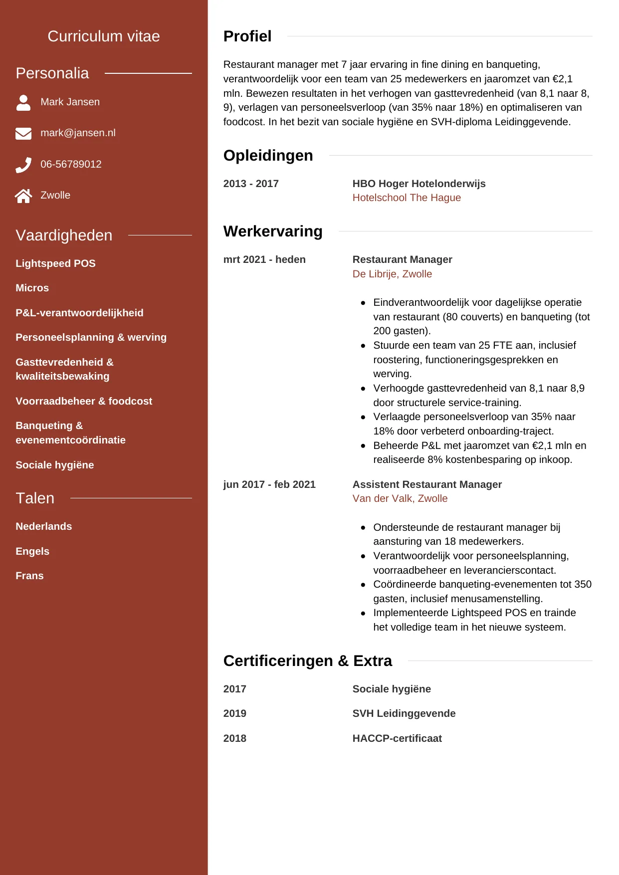 CV Modern voor restaurant manager