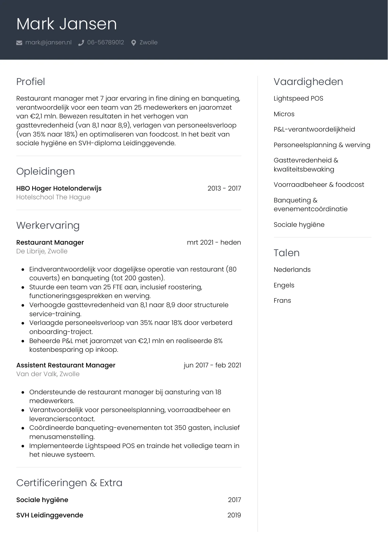 CV Professioneel voor restaurant manager