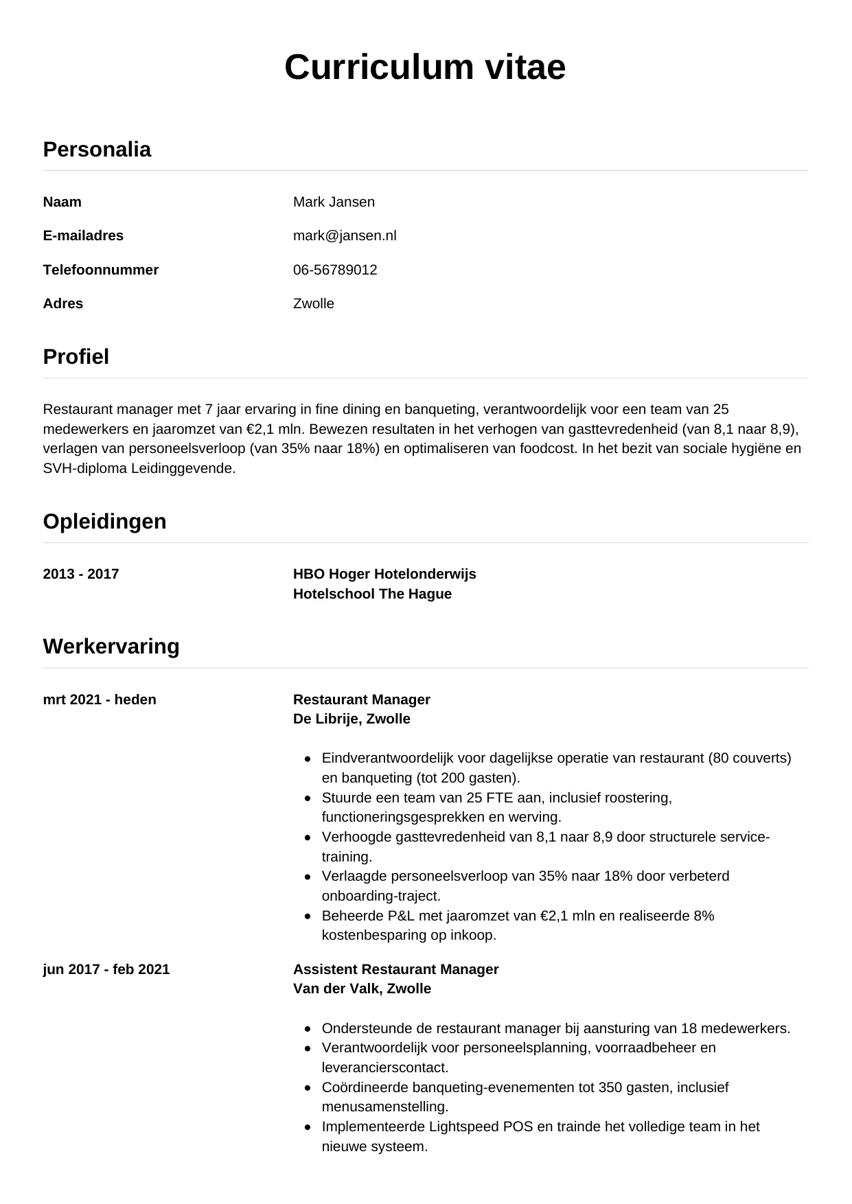 CV Simpel voor restaurant manager