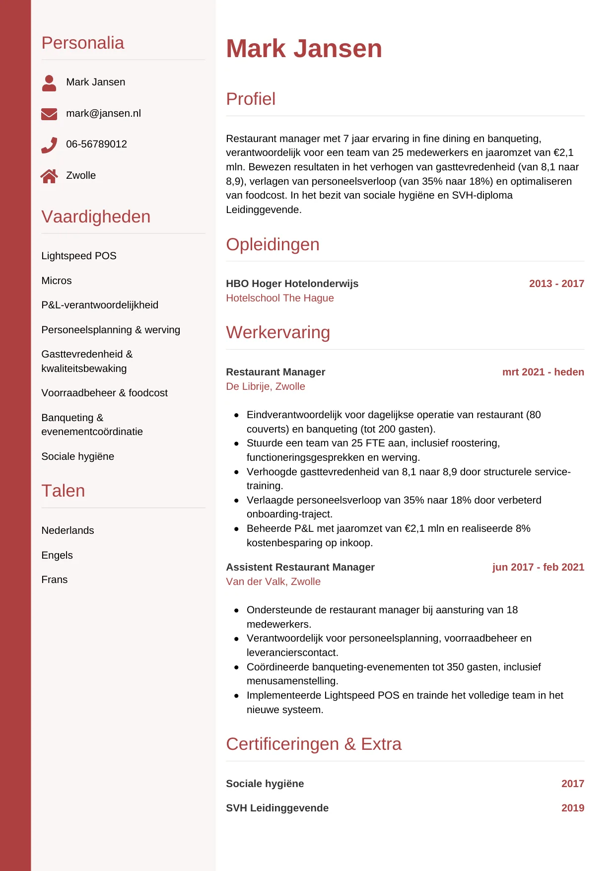 CV Verticaal voor restaurant manager