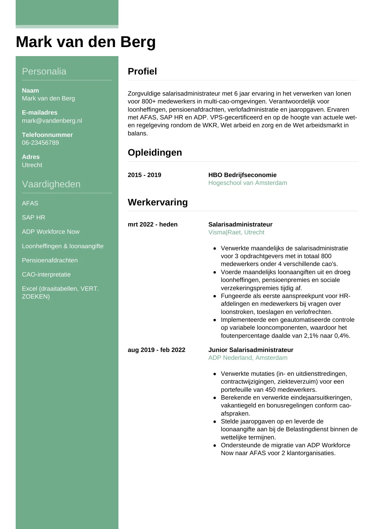 Voorbeeld CV voor salarisadministrateur in template Casual. CV Casual voor salarisadministrateur