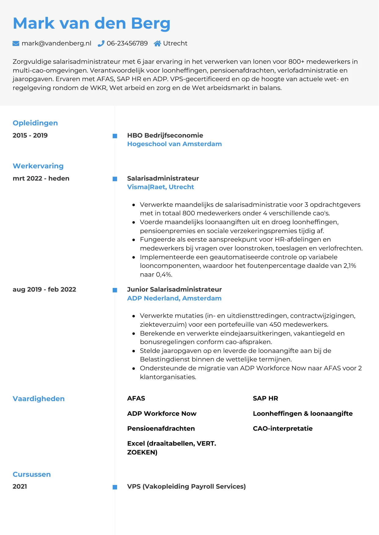 Voorbeeld CV voor salarisadministrateur in template Chrono. CV Chrono voor salarisadministrateur