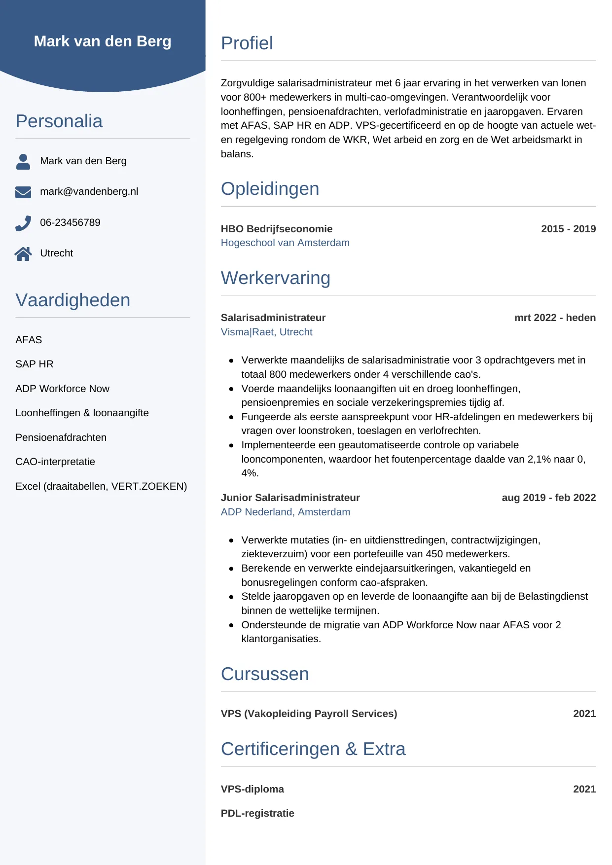 Voorbeeld CV voor salarisadministrateur in template Circulair. CV Circulair voor salarisadministrateur