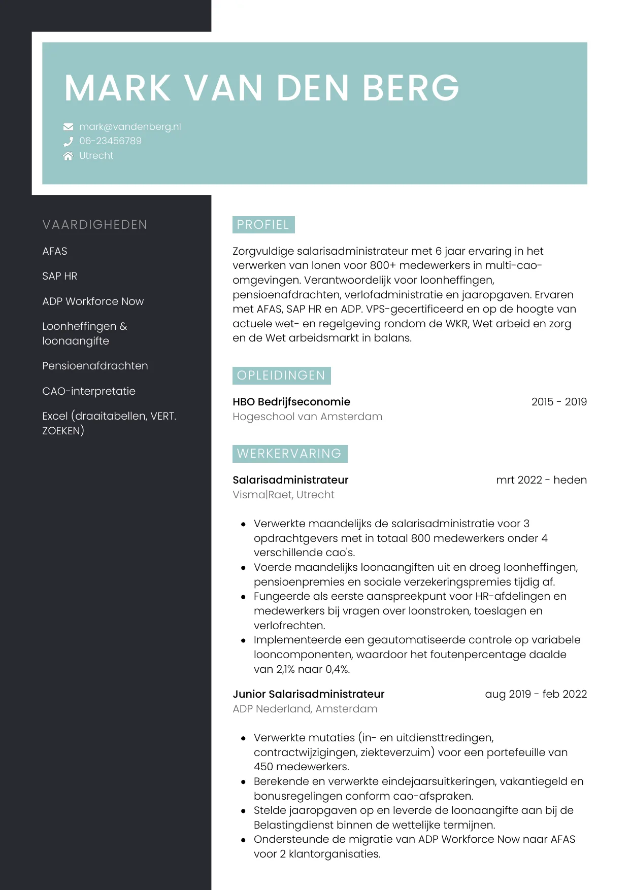 Voorbeeld CV voor salarisadministrateur in template Elegant. CV Elegant voor salarisadministrateur