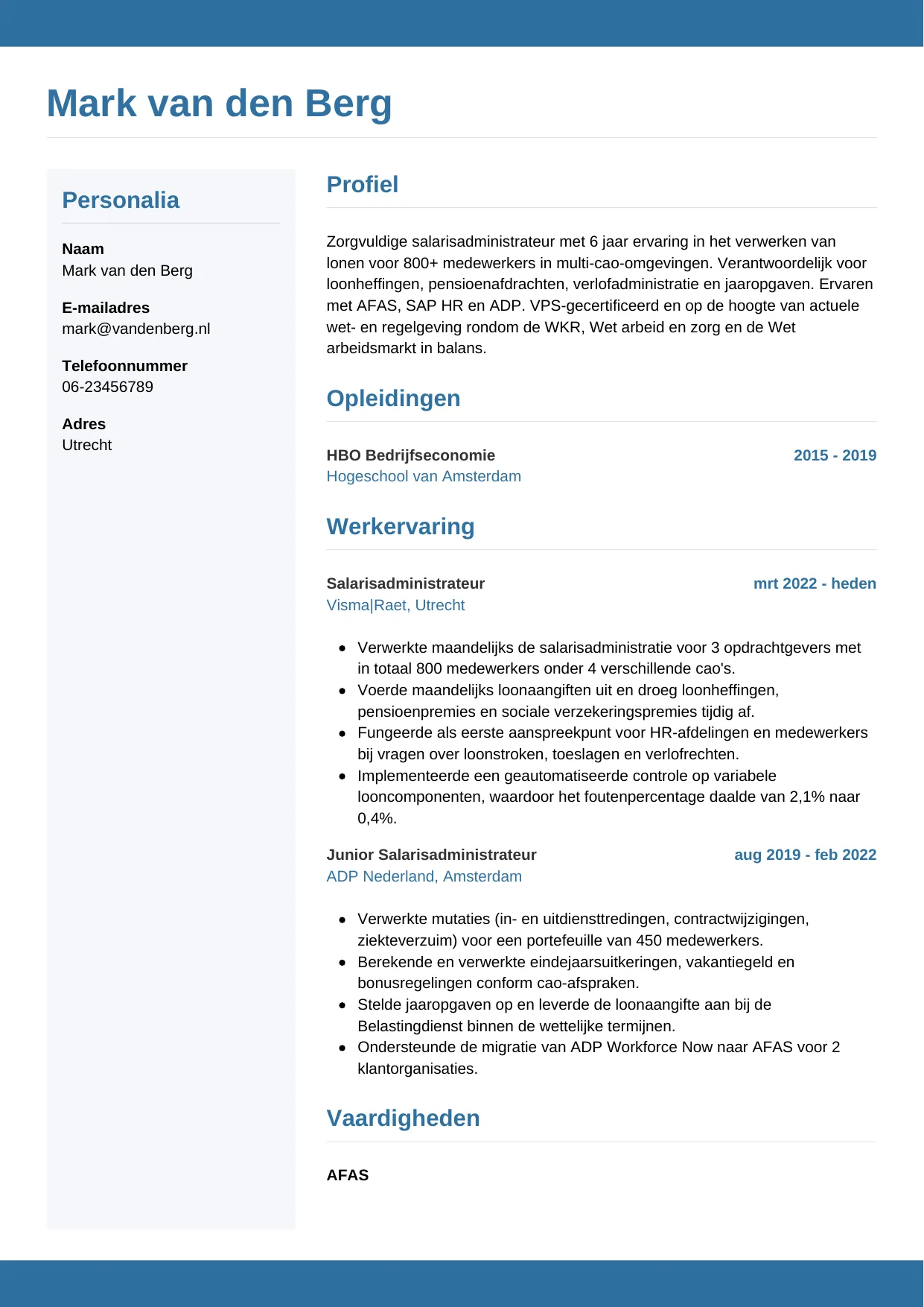 Voorbeeld CV voor salarisadministrateur in template Horizontaal. CV Horizontaal voor salarisadministrateur