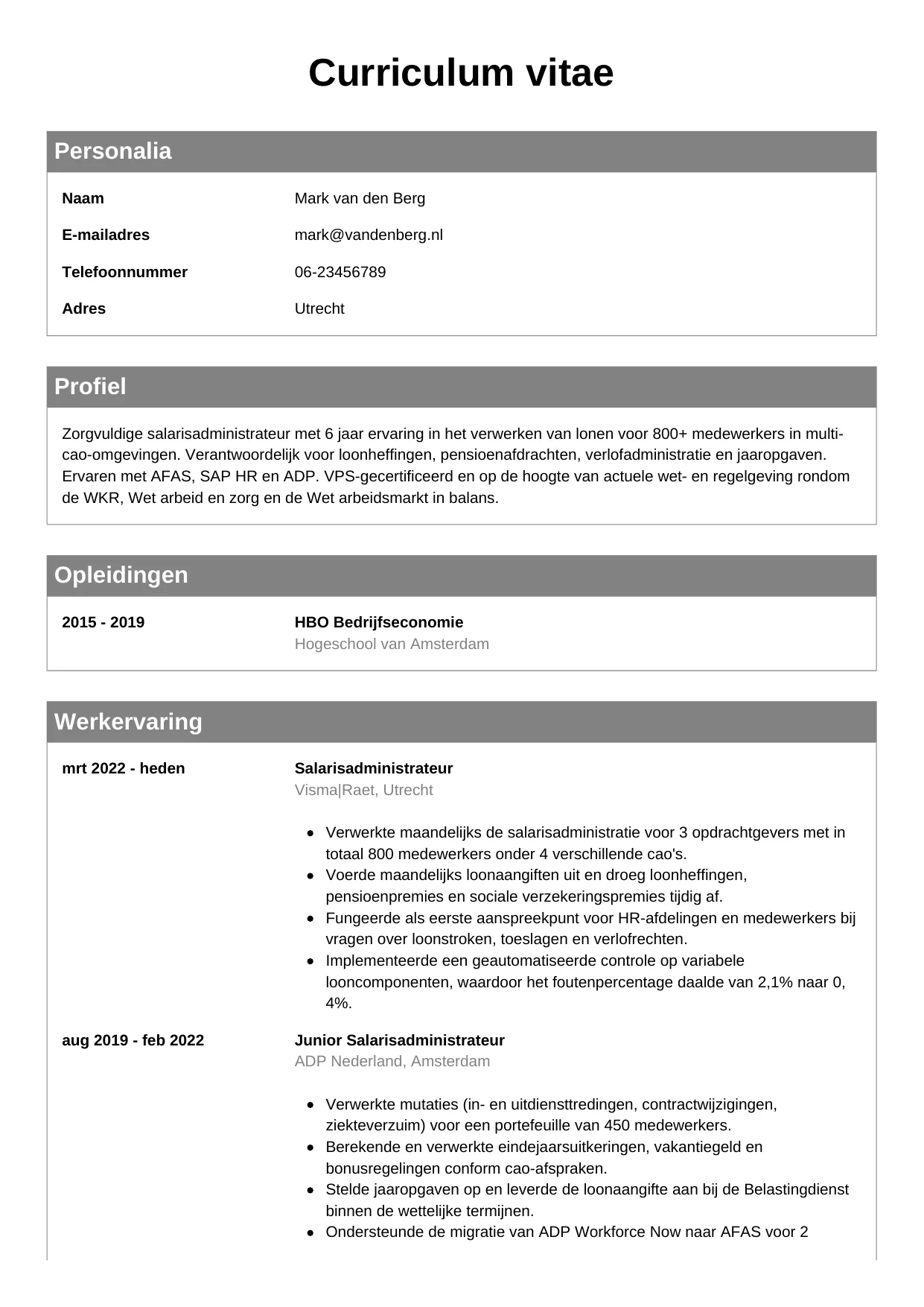 Voorbeeld CV voor salarisadministrateur in template Klassiek. CV Klassiek voor salarisadministrateur