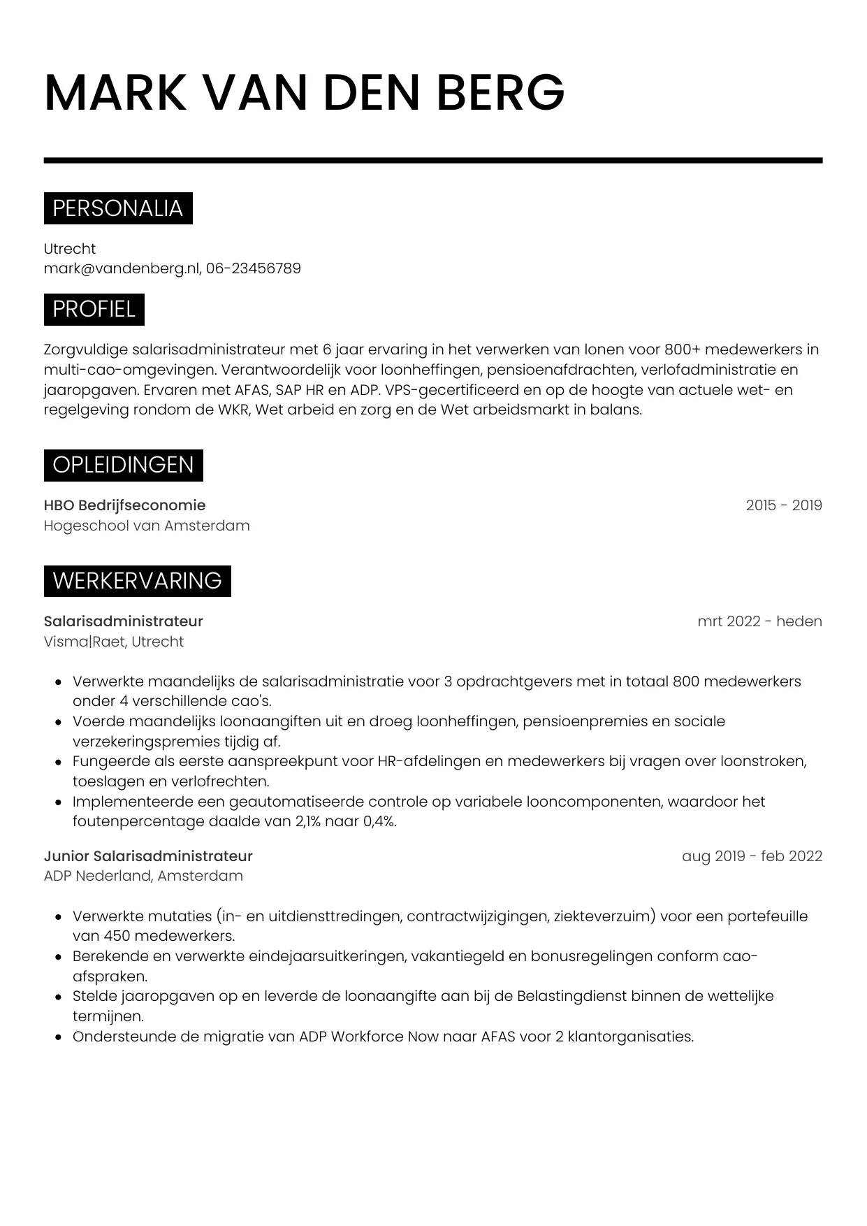 Voorbeeld CV voor salarisadministrateur in template Metro. CV Metro voor salarisadministrateur