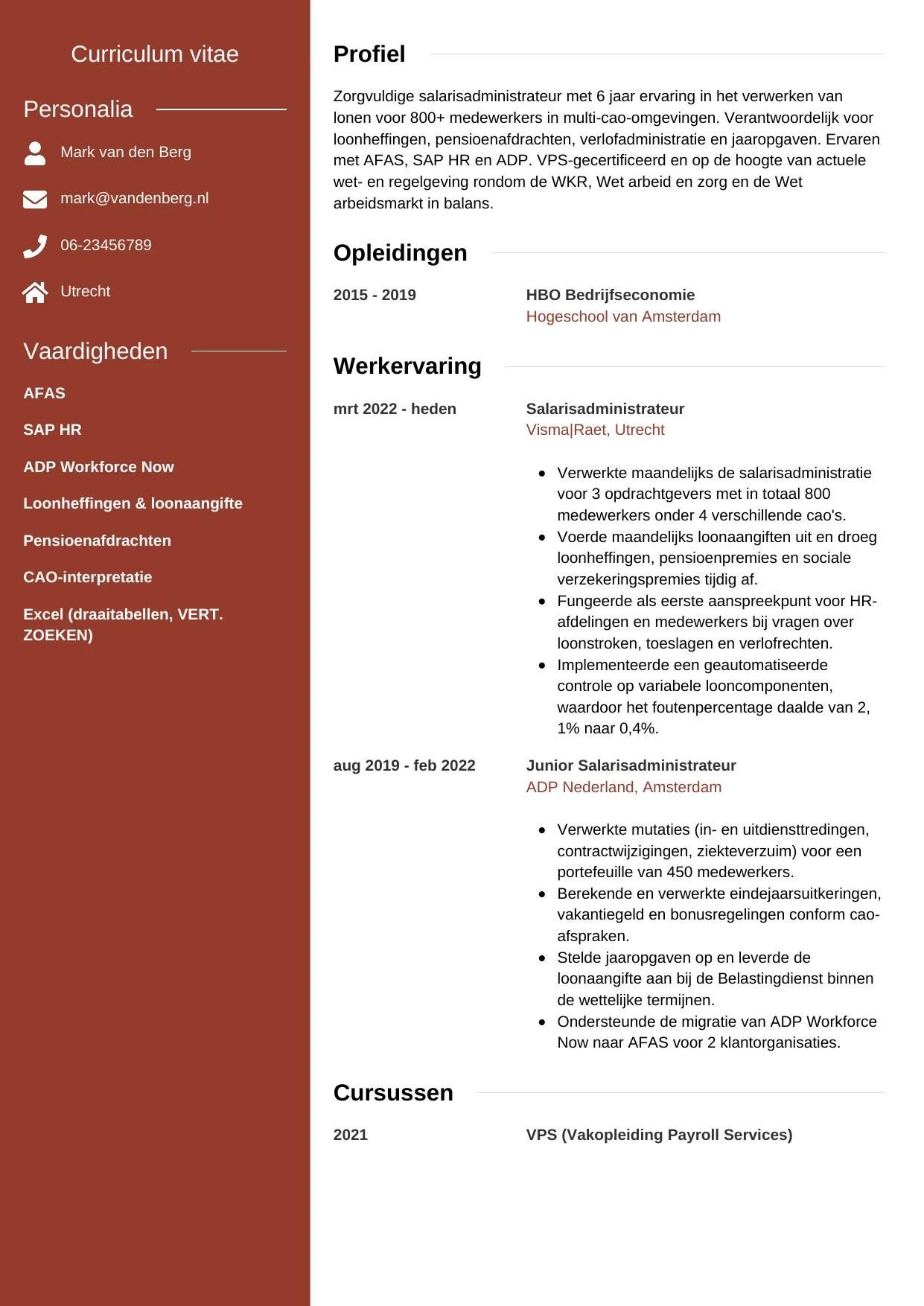 Voorbeeld CV voor salarisadministrateur in template Modern. CV Modern voor salarisadministrateur