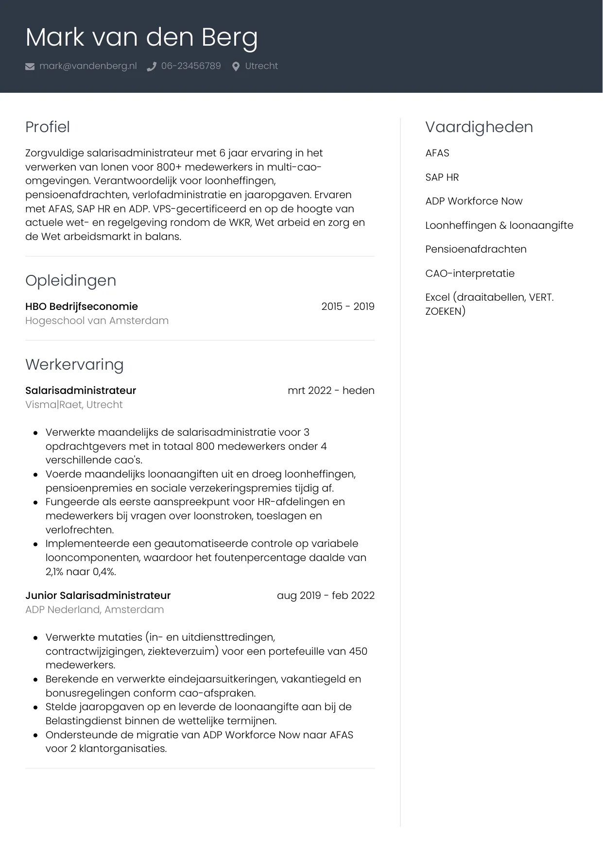 Voorbeeld CV voor salarisadministrateur in template Professioneel. CV Professioneel voor salarisadministrateur