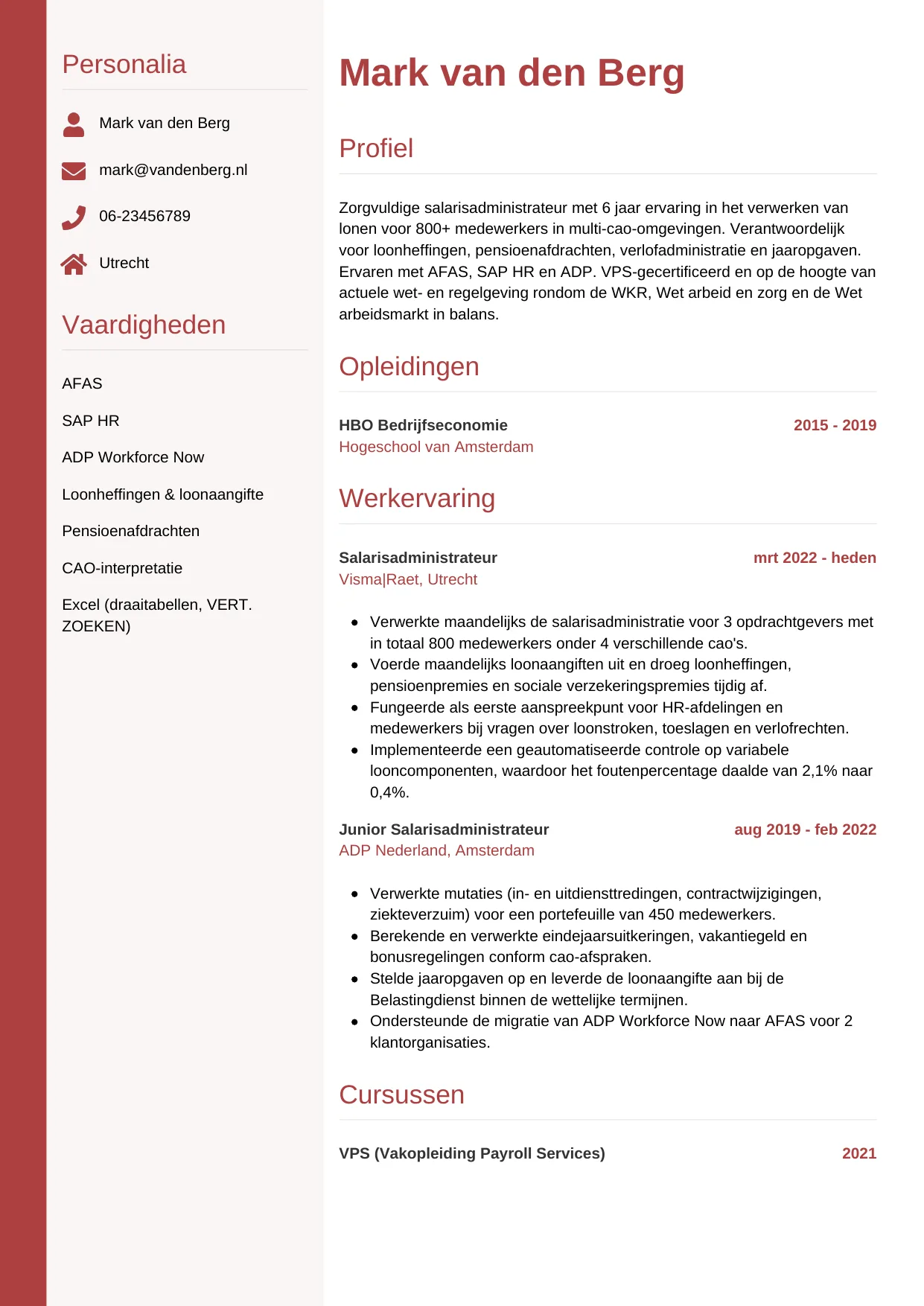 Voorbeeld CV voor salarisadministrateur in template Verticaal. CV Verticaal voor salarisadministrateur
