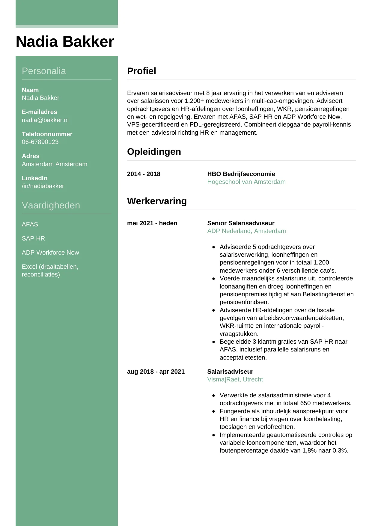 Voorbeeld CV voor salarisadviseur in template Casual. CV Casual voor salarisadviseur
