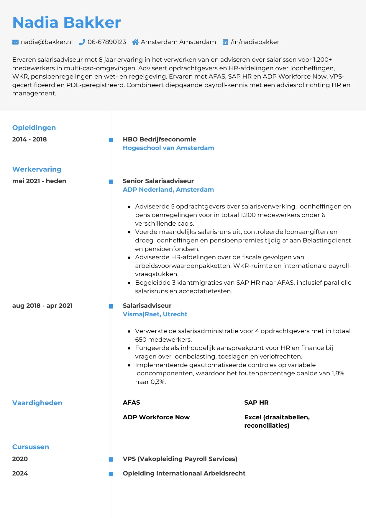 Voorbeeld CV voor salarisadviseur in template Chrono. CV Chrono voor salarisadviseur