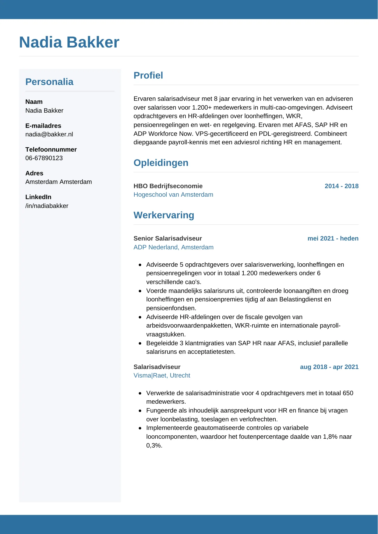 Voorbeeld CV voor salarisadviseur in template Horizontaal. CV Horizontaal voor salarisadviseur