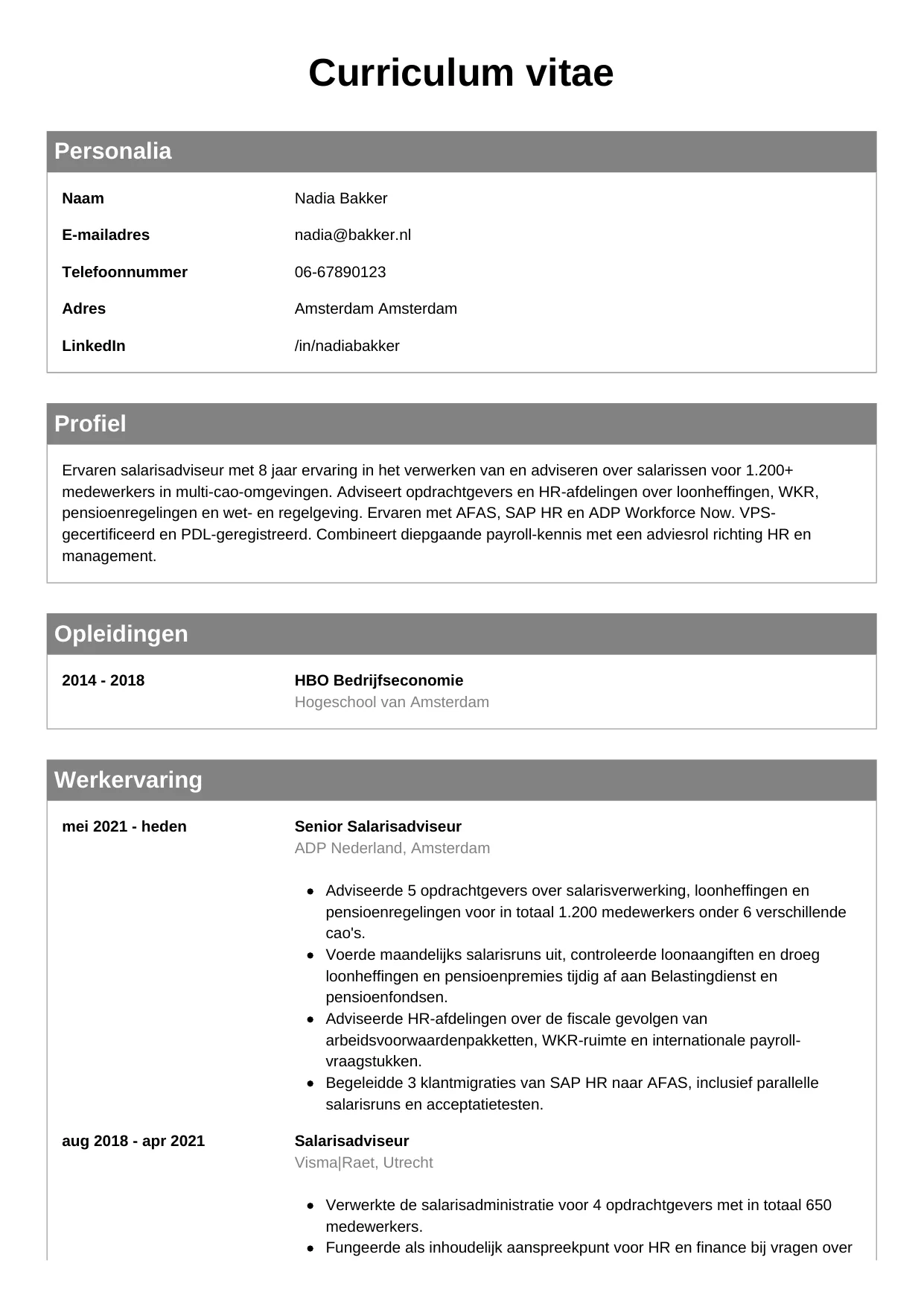Voorbeeld CV voor salarisadviseur in template Klassiek. CV Klassiek voor salarisadviseur