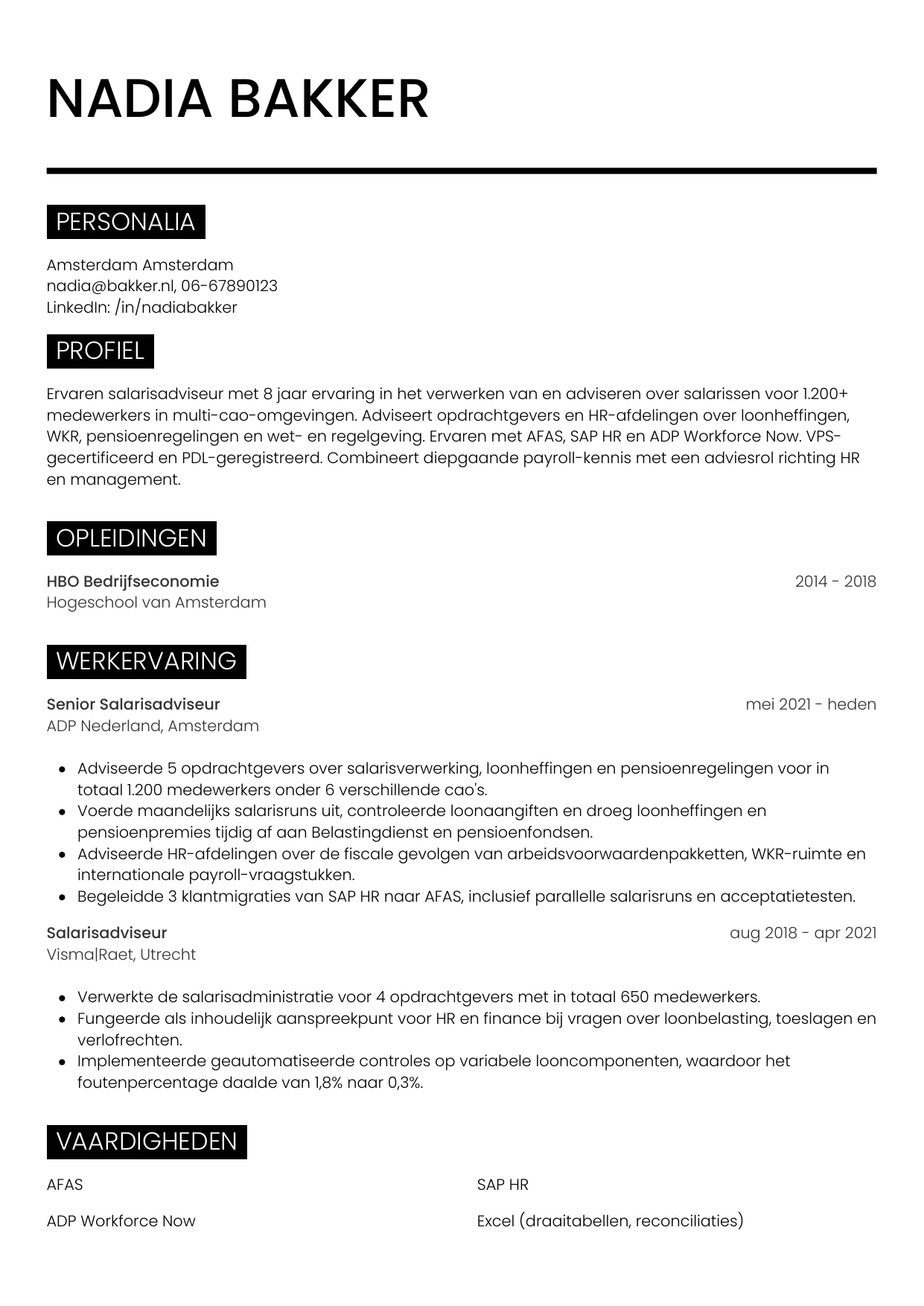 Voorbeeld CV voor salarisadviseur in template Metro. CV Metro voor salarisadviseur