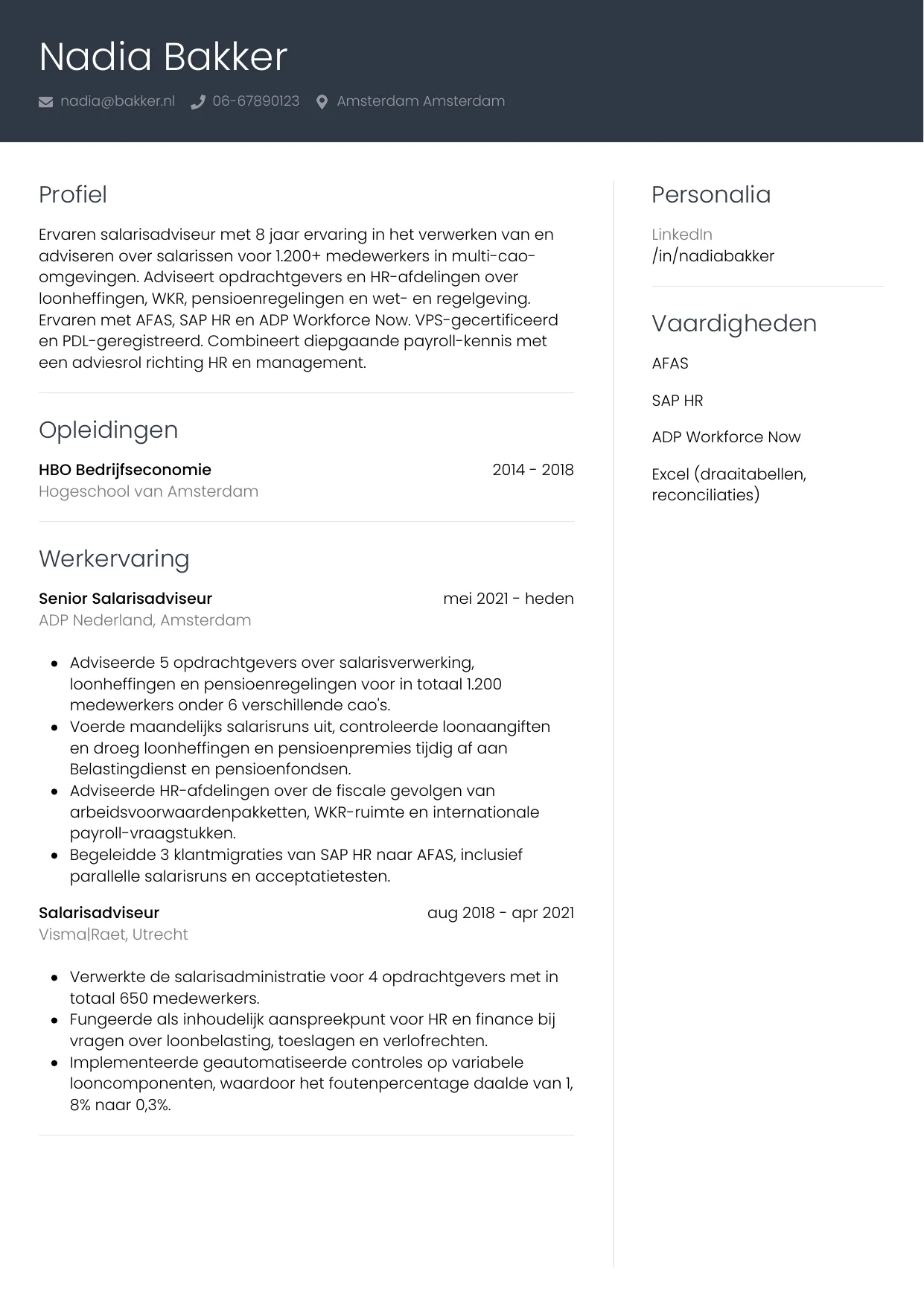 Voorbeeld CV voor salarisadviseur in template Professioneel. CV Professioneel voor salarisadviseur