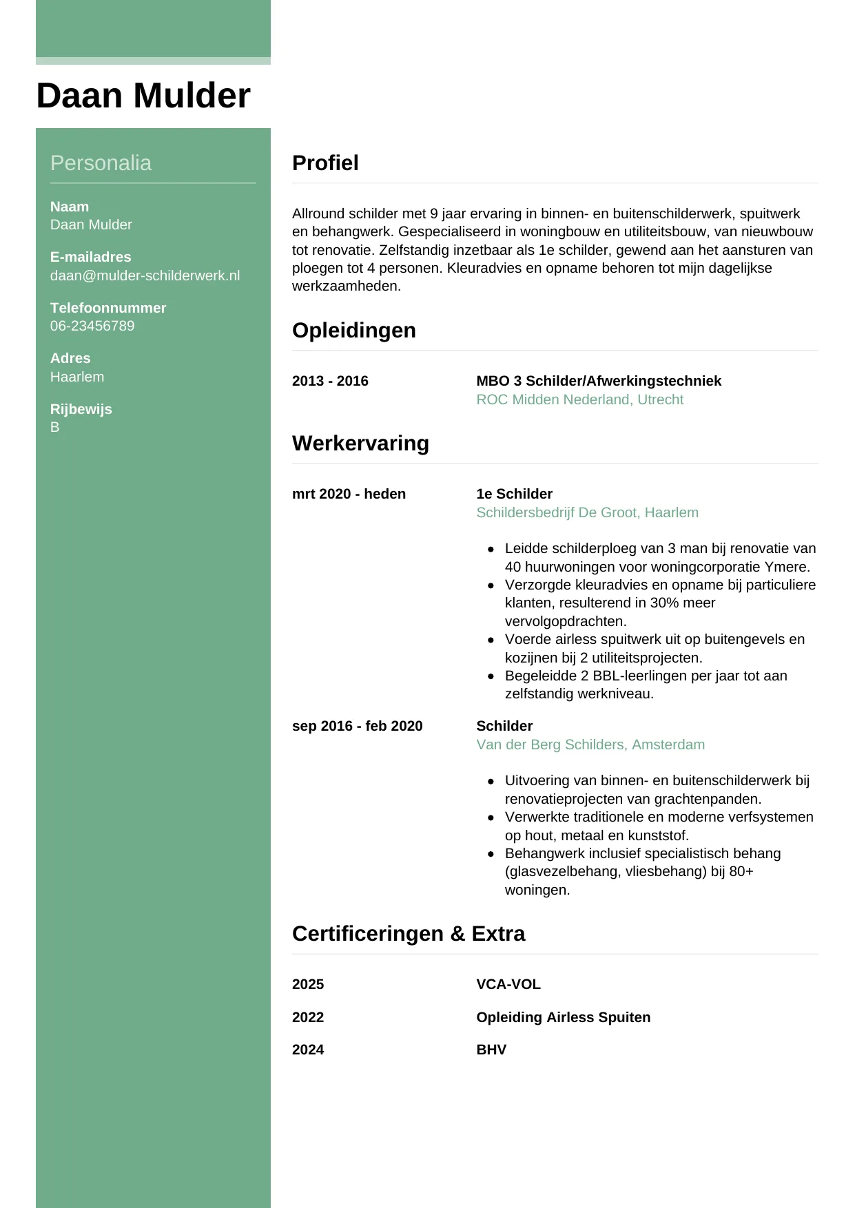 Voorbeeld CV voor schilder in template Casual. CV Casual voor schilder