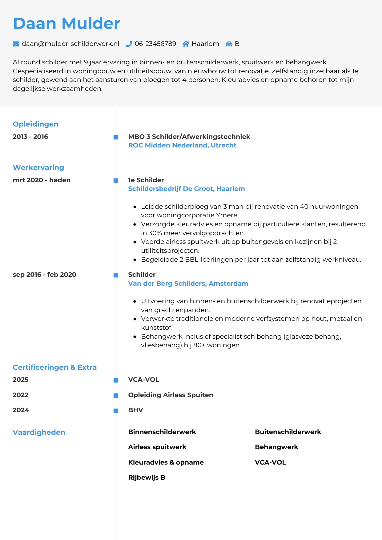 Voorbeeld CV voor schilder in template Chrono. CV Chrono voor schilder