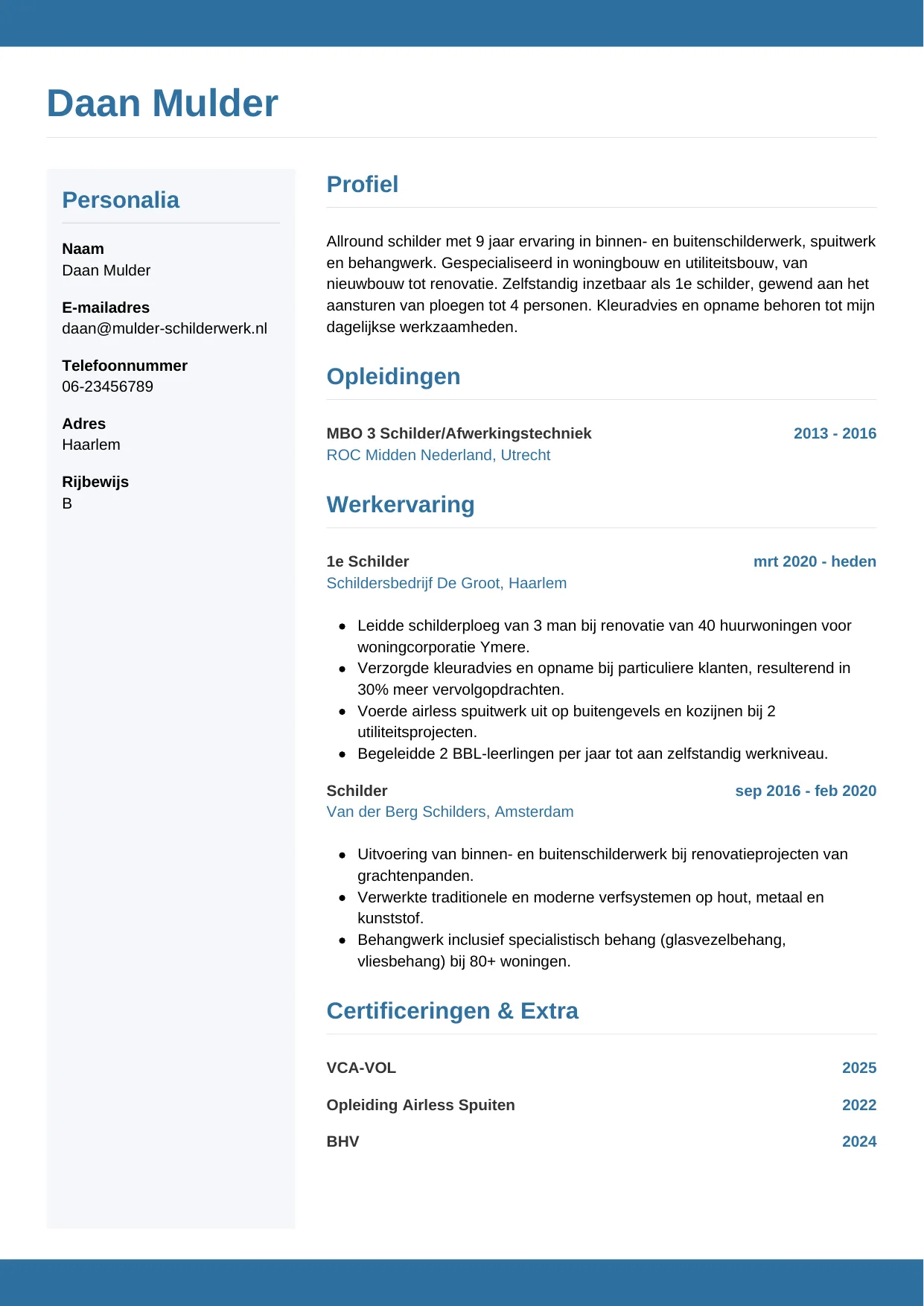 Voorbeeld CV voor schilder in template Horizontaal. CV Horizontaal voor schilder