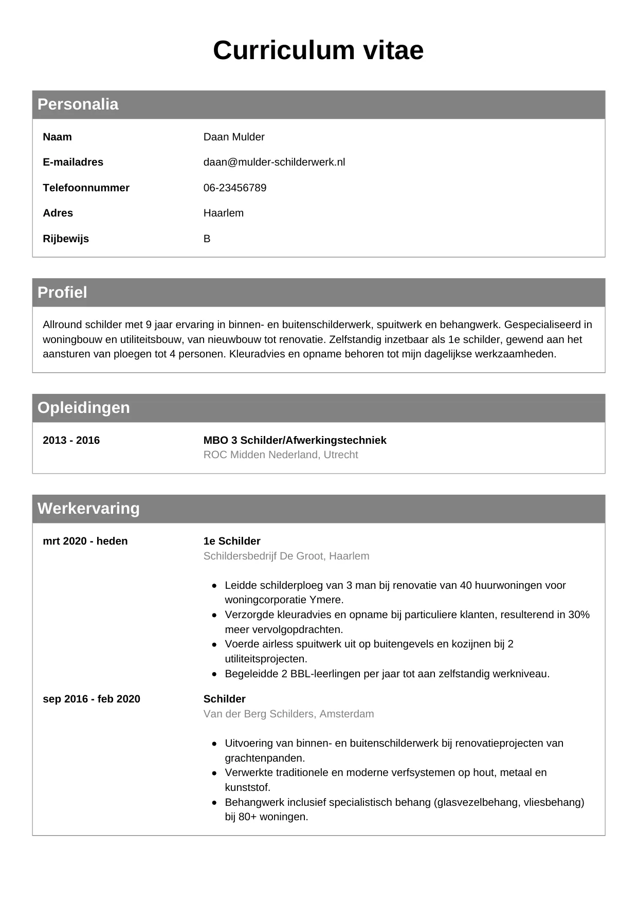 Voorbeeld CV voor schilder in template Klassiek. CV Klassiek voor schilder