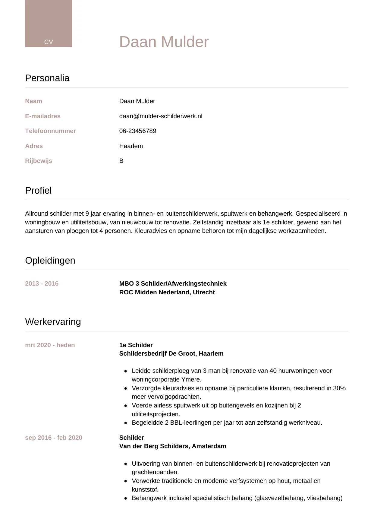 Voorbeeld CV voor schilder in template Luxe. CV Luxe voor schilder