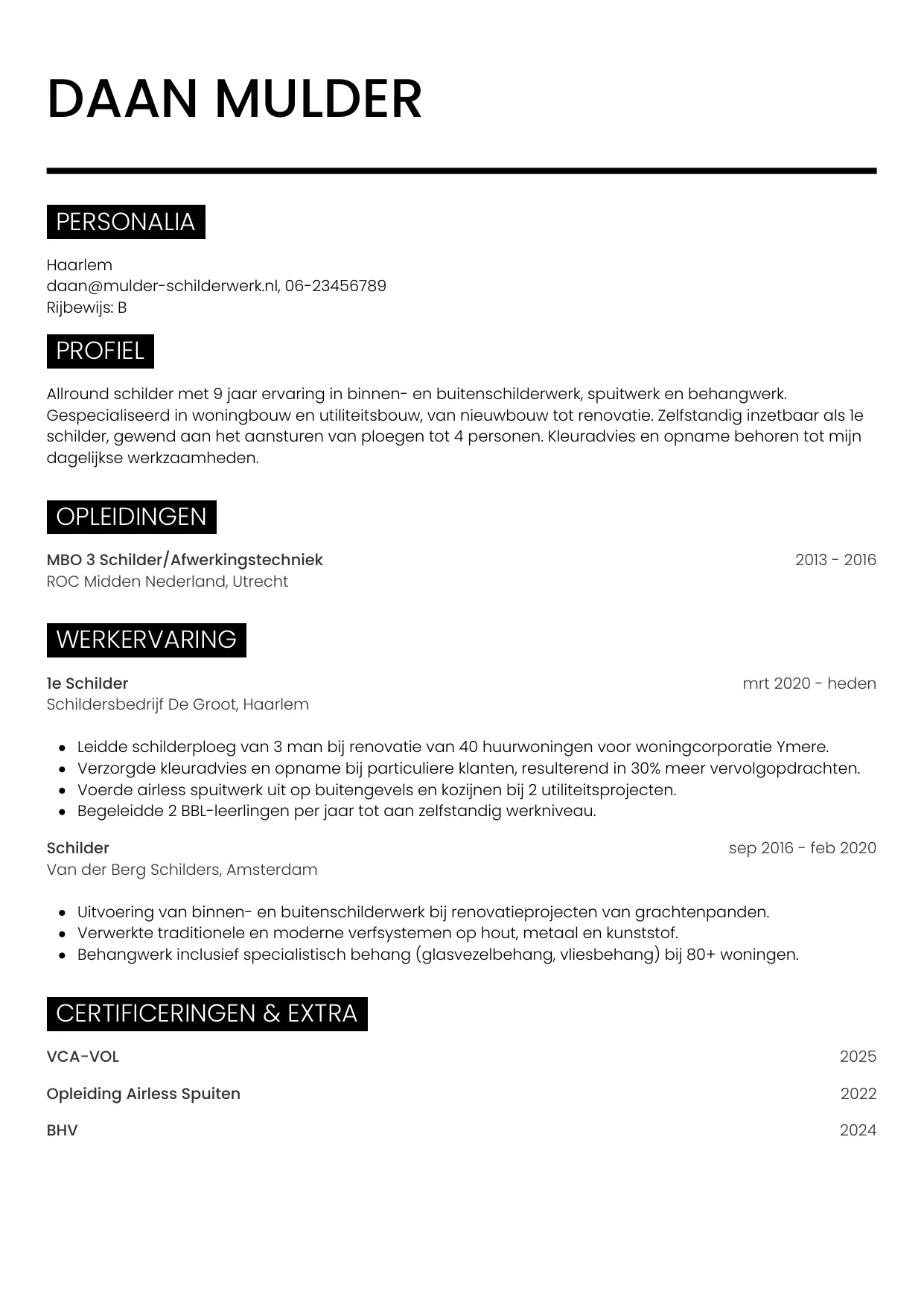 Voorbeeld CV voor schilder in template Metro. CV Metro voor schilder