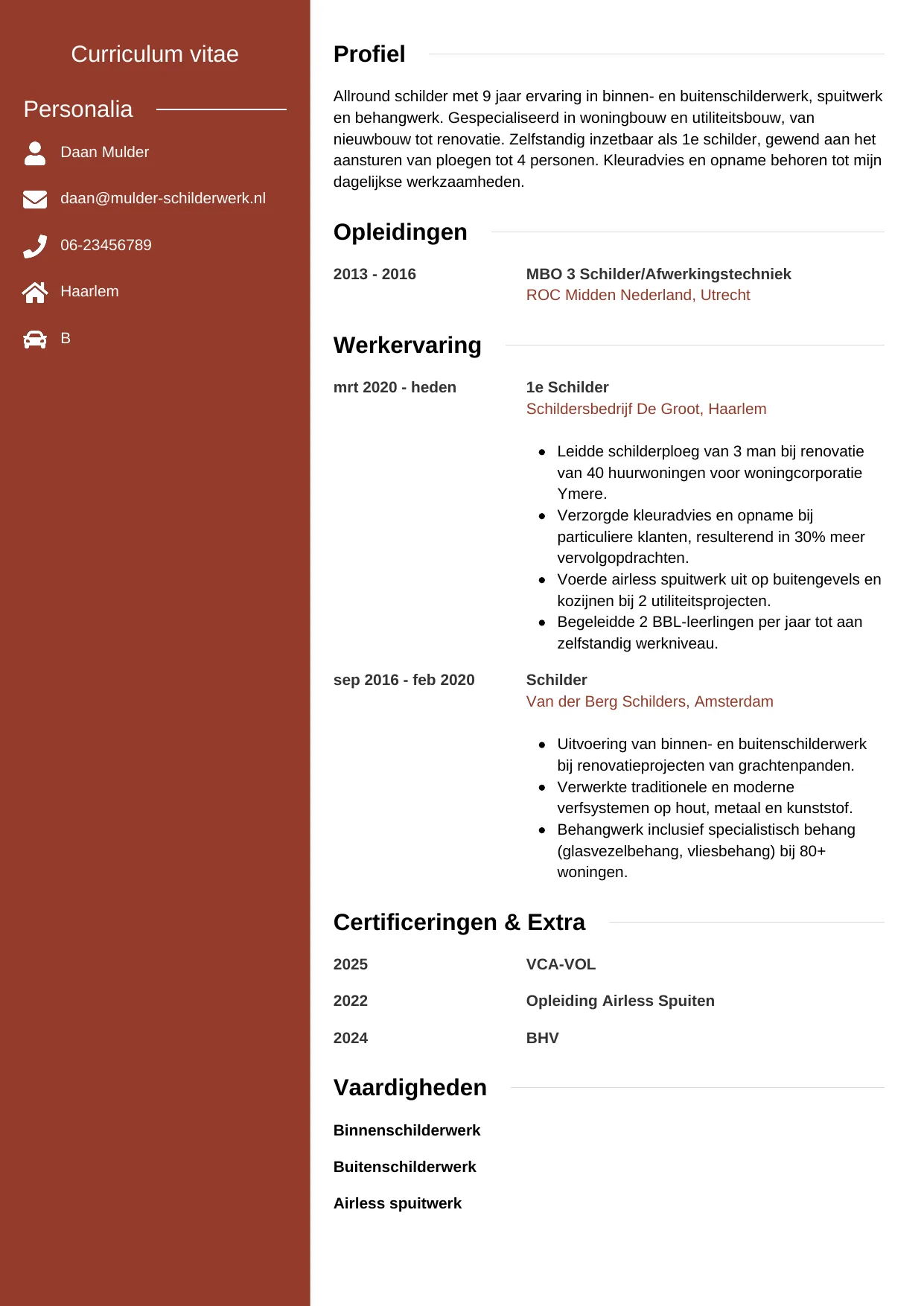 Voorbeeld CV voor schilder in template Modern. CV Modern voor schilder