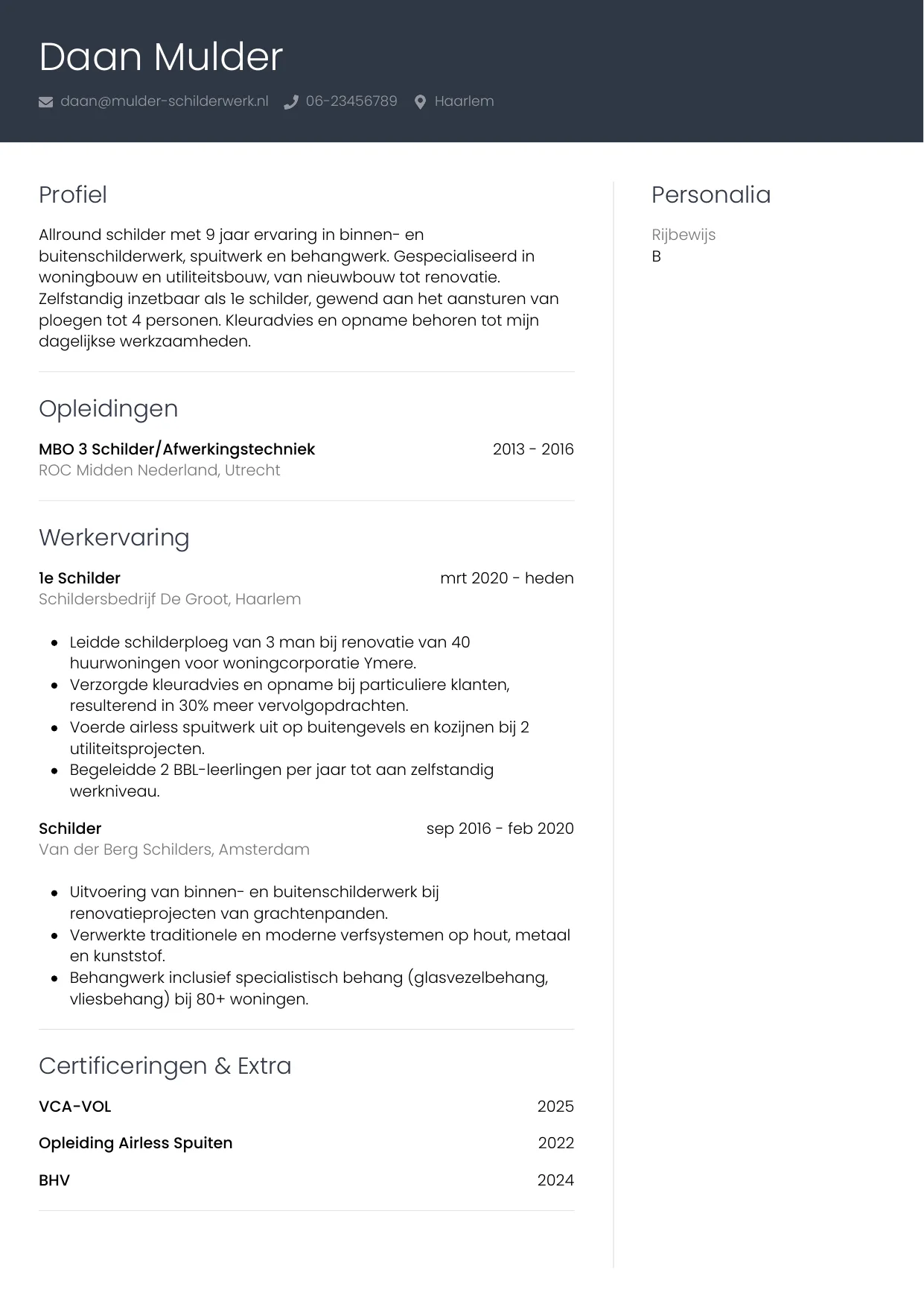 Voorbeeld CV voor schilder in template Professioneel. CV Professioneel voor schilder