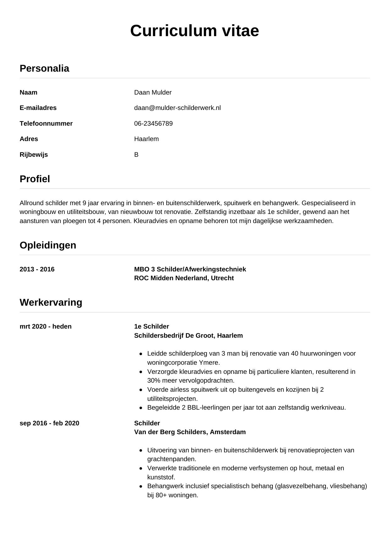Voorbeeld CV voor schilder in template Simpel. CV Simpel voor schilder