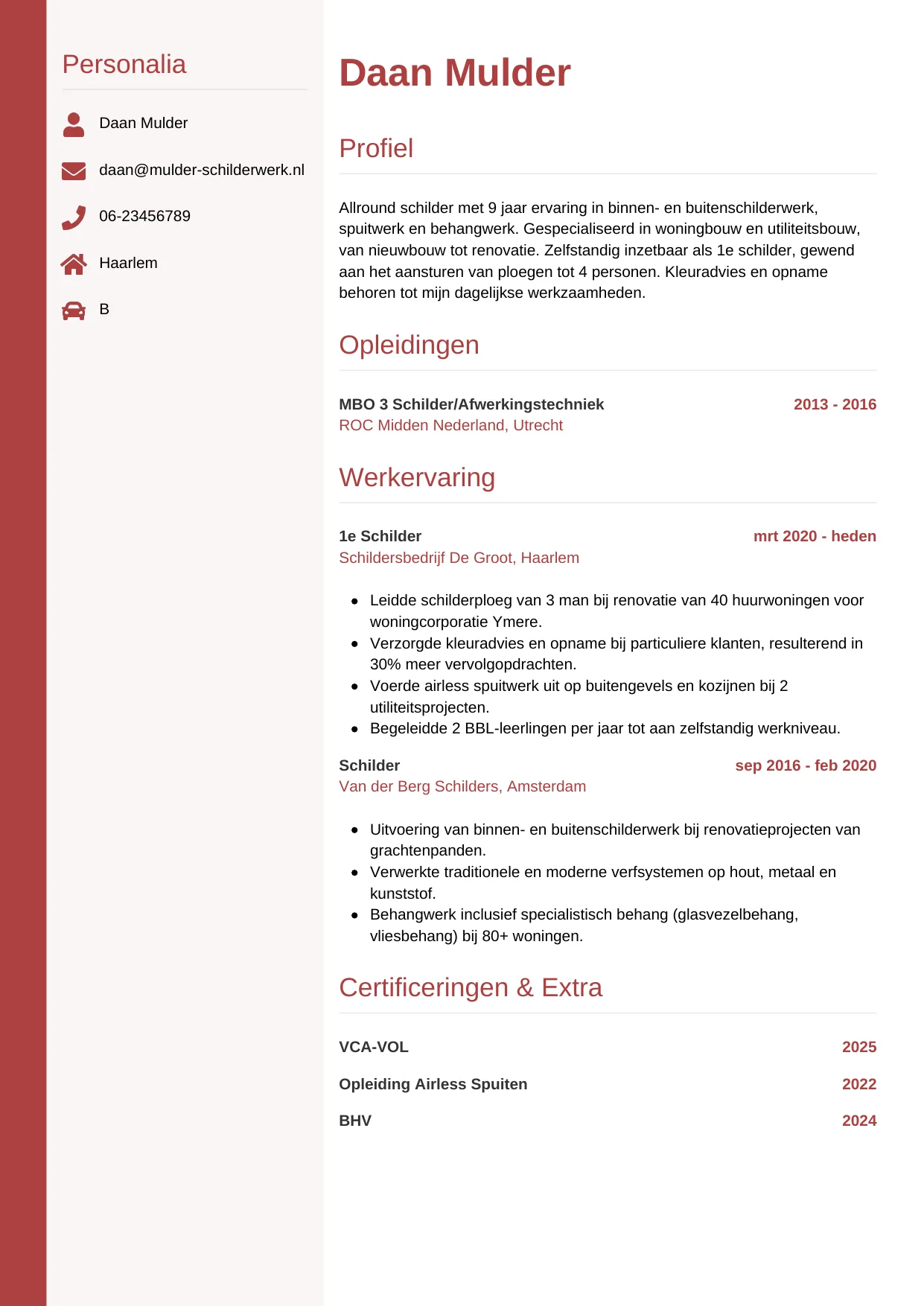 Voorbeeld CV voor schilder in template Verticaal. CV Verticaal voor schilder