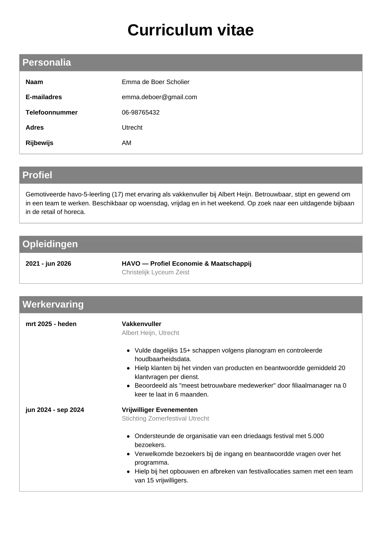 CV Klassiek voor scholier