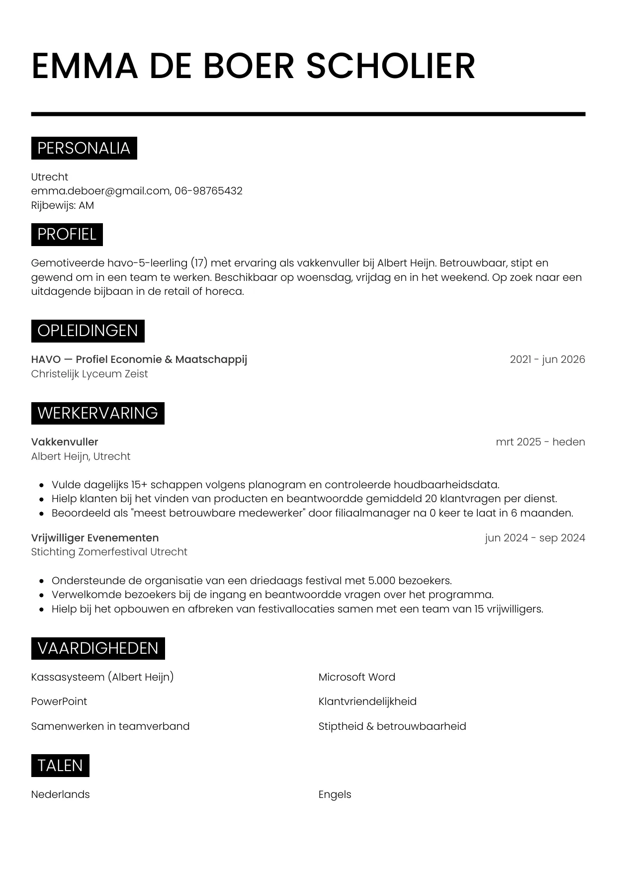 CV Metro voor scholier