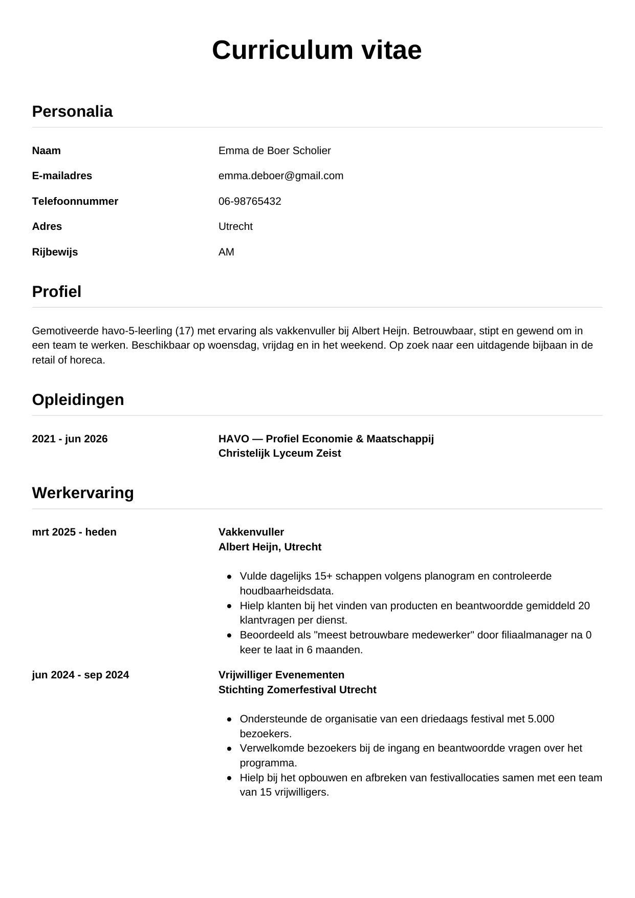CV Simpel voor scholier