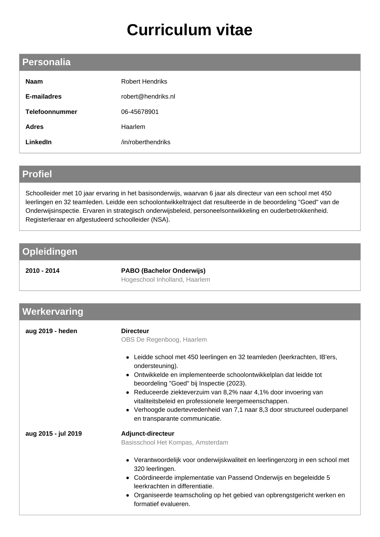 CV Klassiek voor schoolleider