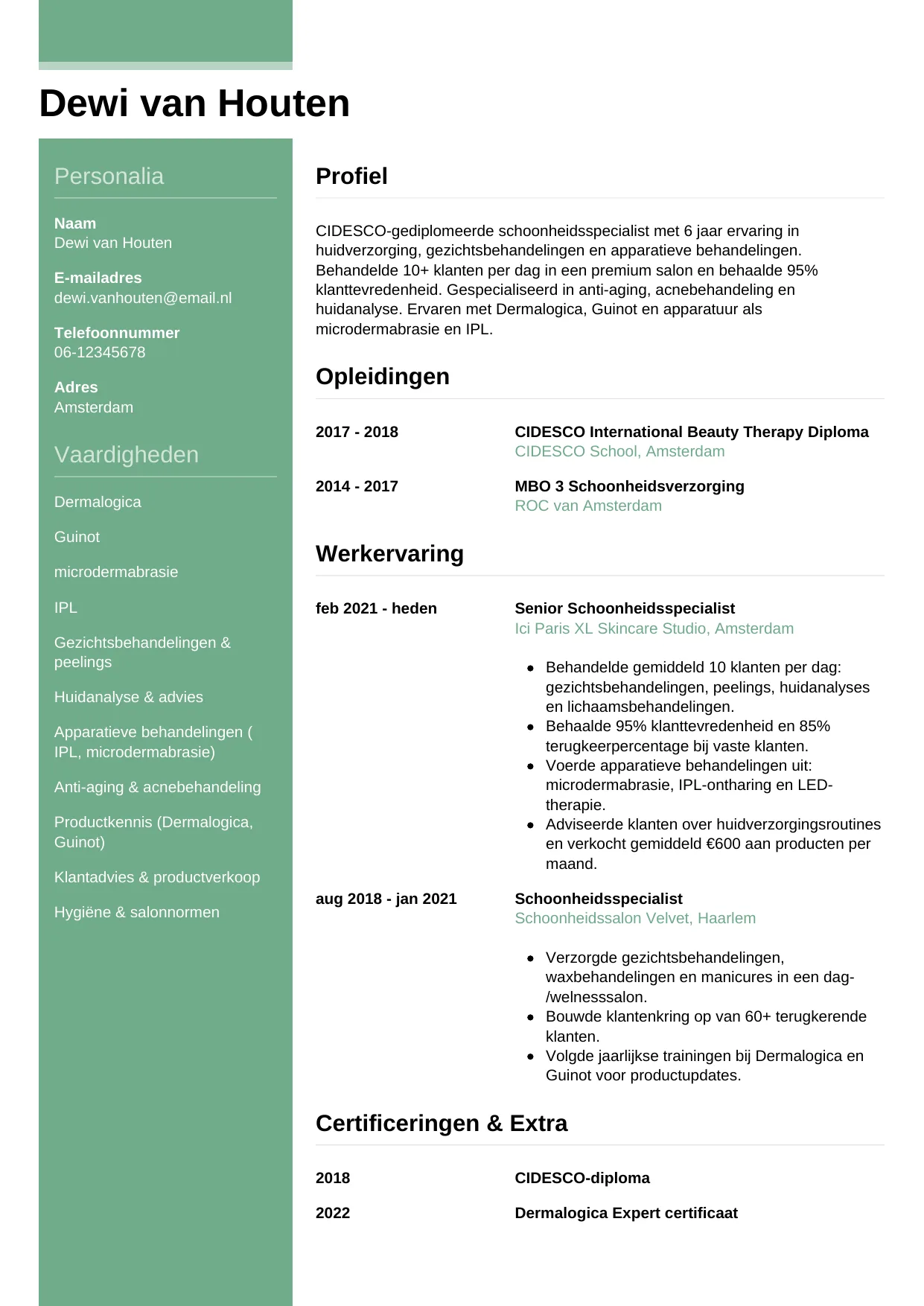 Voorbeeld CV voor schoonheidsspecialist in template Casual. CV Casual voor schoonheidsspecialist