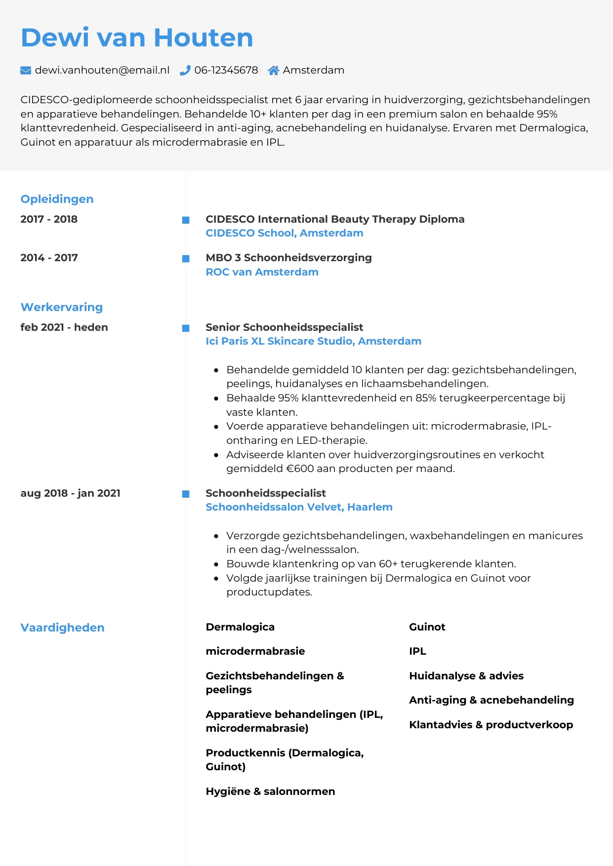 Voorbeeld CV voor schoonheidsspecialist in template Chrono. CV Chrono voor schoonheidsspecialist