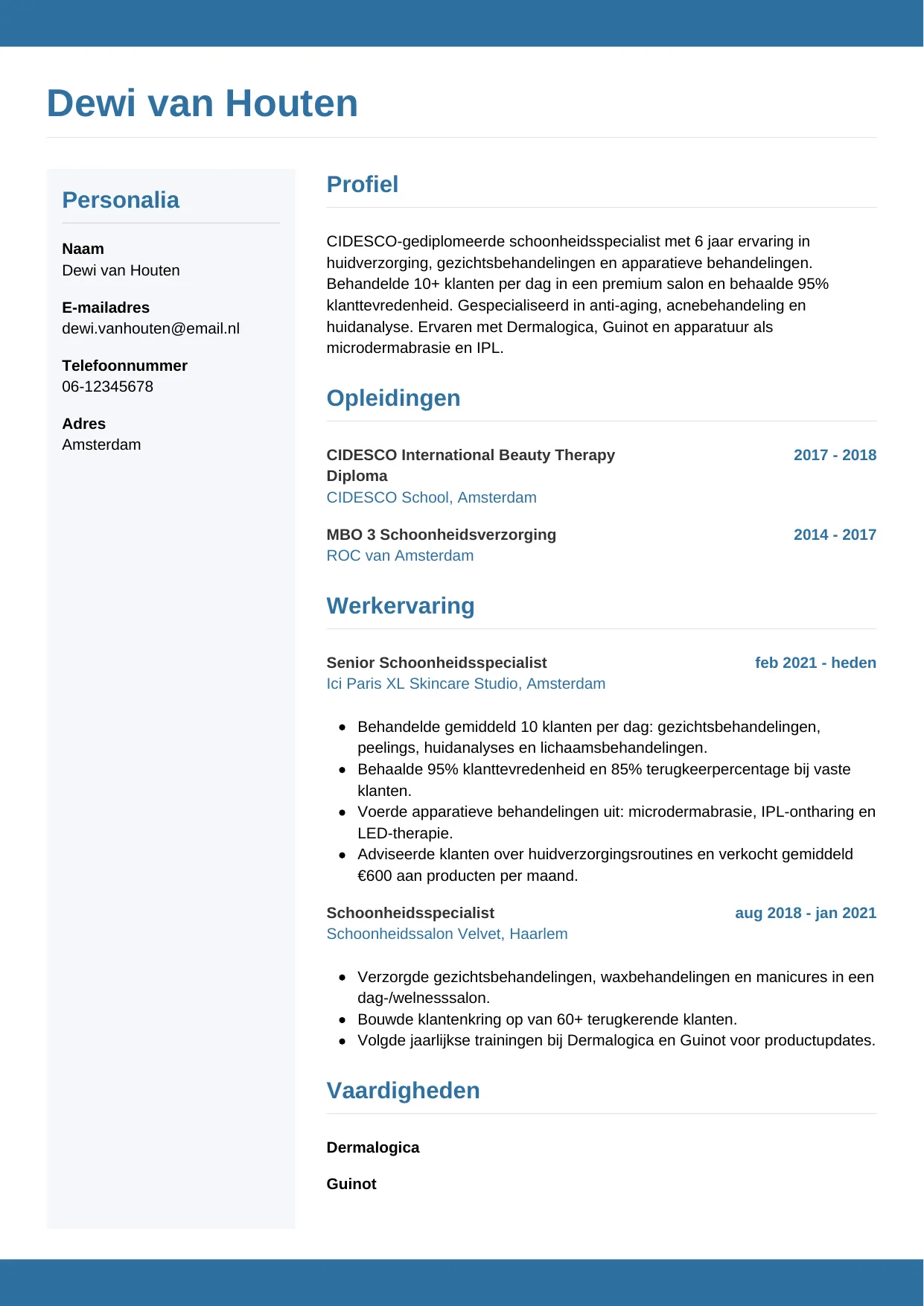 Voorbeeld CV voor schoonheidsspecialist in template Horizontaal. CV Horizontaal voor schoonheidsspecialist