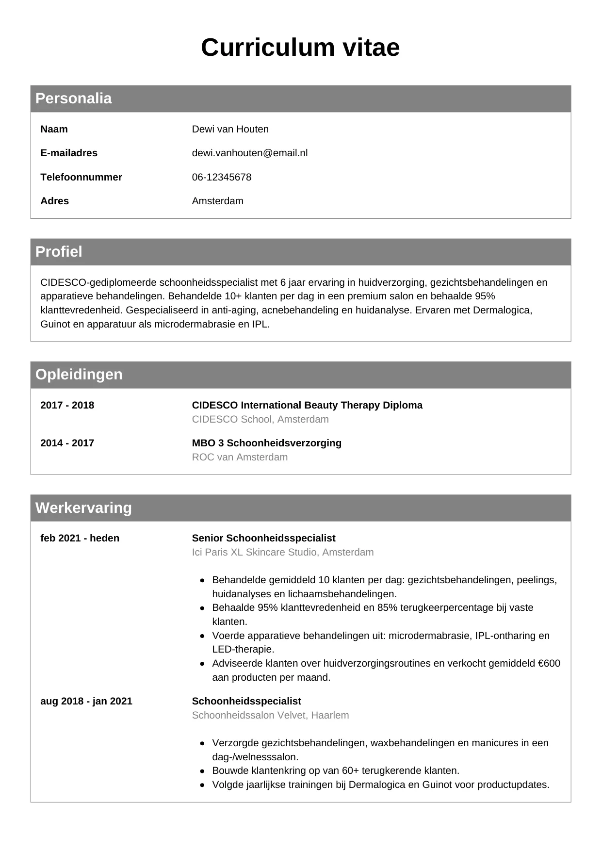 Voorbeeld CV voor schoonheidsspecialist in template Klassiek. CV Klassiek voor schoonheidsspecialist