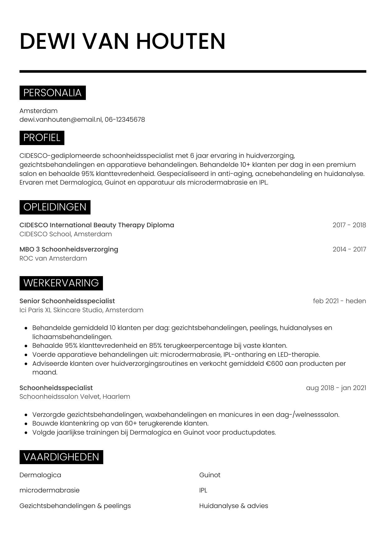 Voorbeeld CV voor schoonheidsspecialist in template Metro. CV Metro voor schoonheidsspecialist